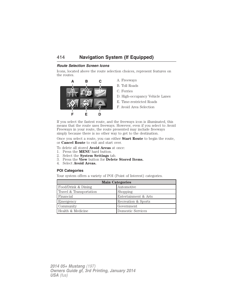 Route selection screen icons, Poi categories, 414 navigation system (if equipped) | FORD 2014 Mustang v.3 User Manual | Page 415 / 463
