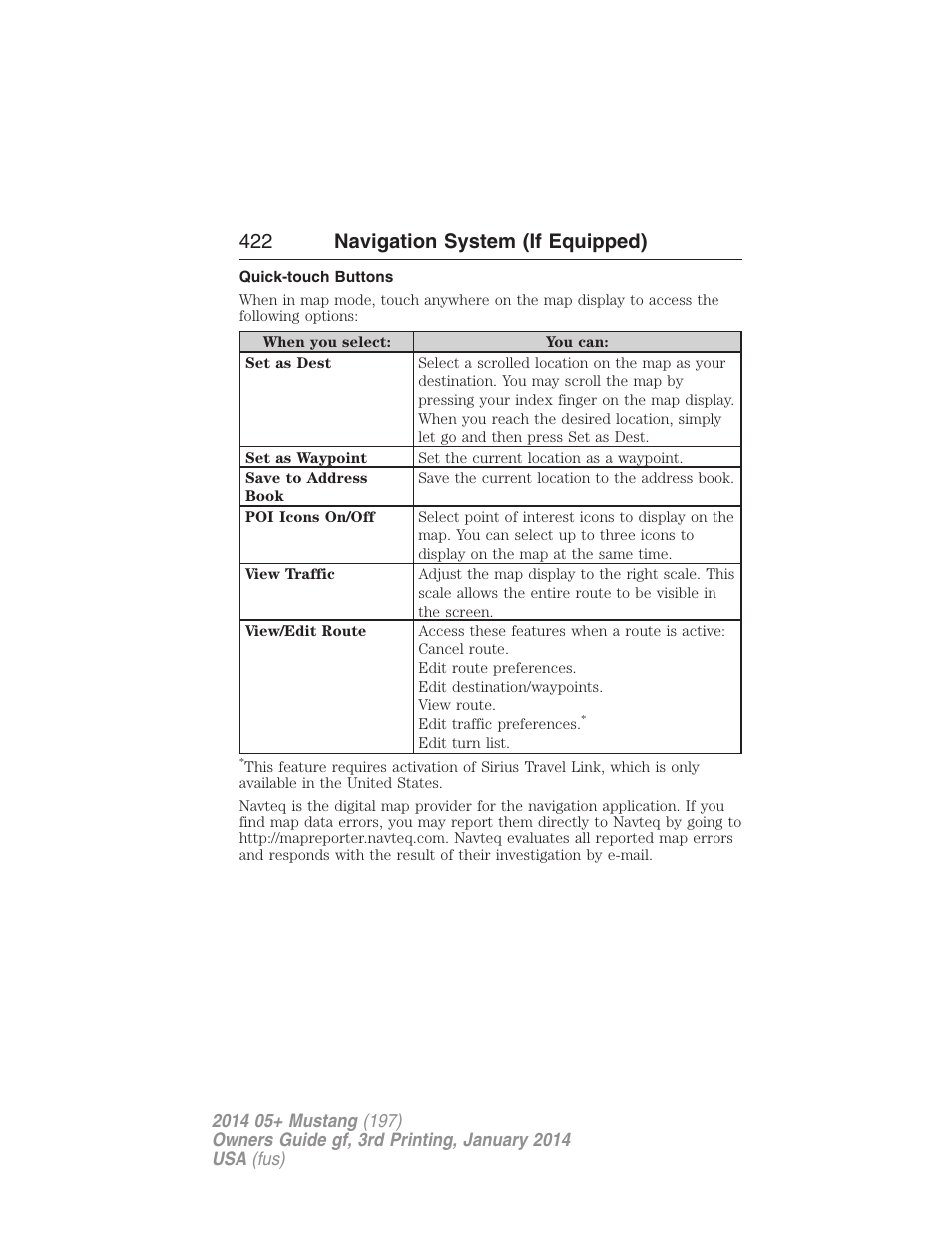 Quick-touch buttons, 422 navigation system (if equipped) | FORD 2014 Mustang v.3 User Manual | Page 423 / 463