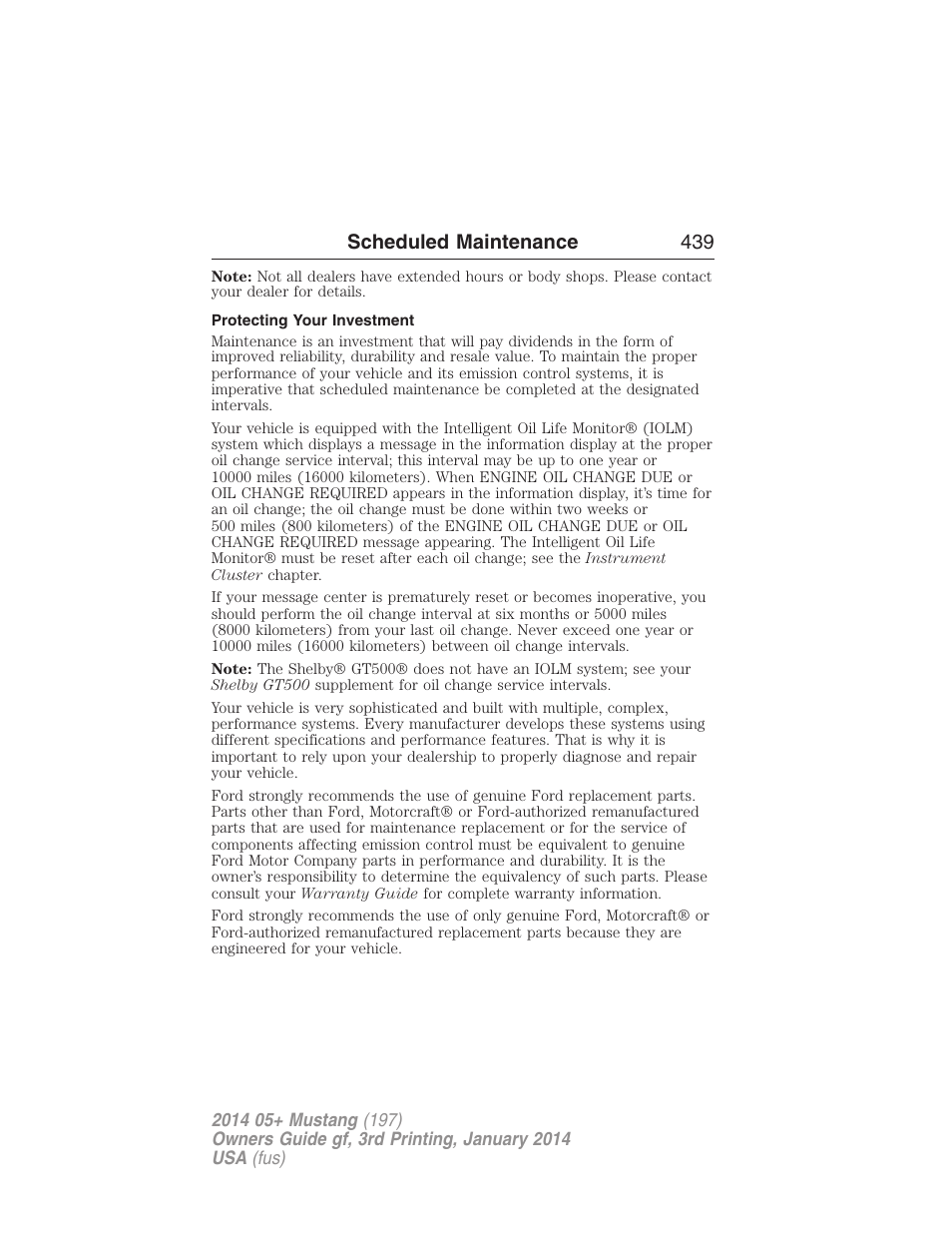 Protecting your investment, Scheduled maintenance 439 | FORD 2014 Mustang v.3 User Manual | Page 440 / 463