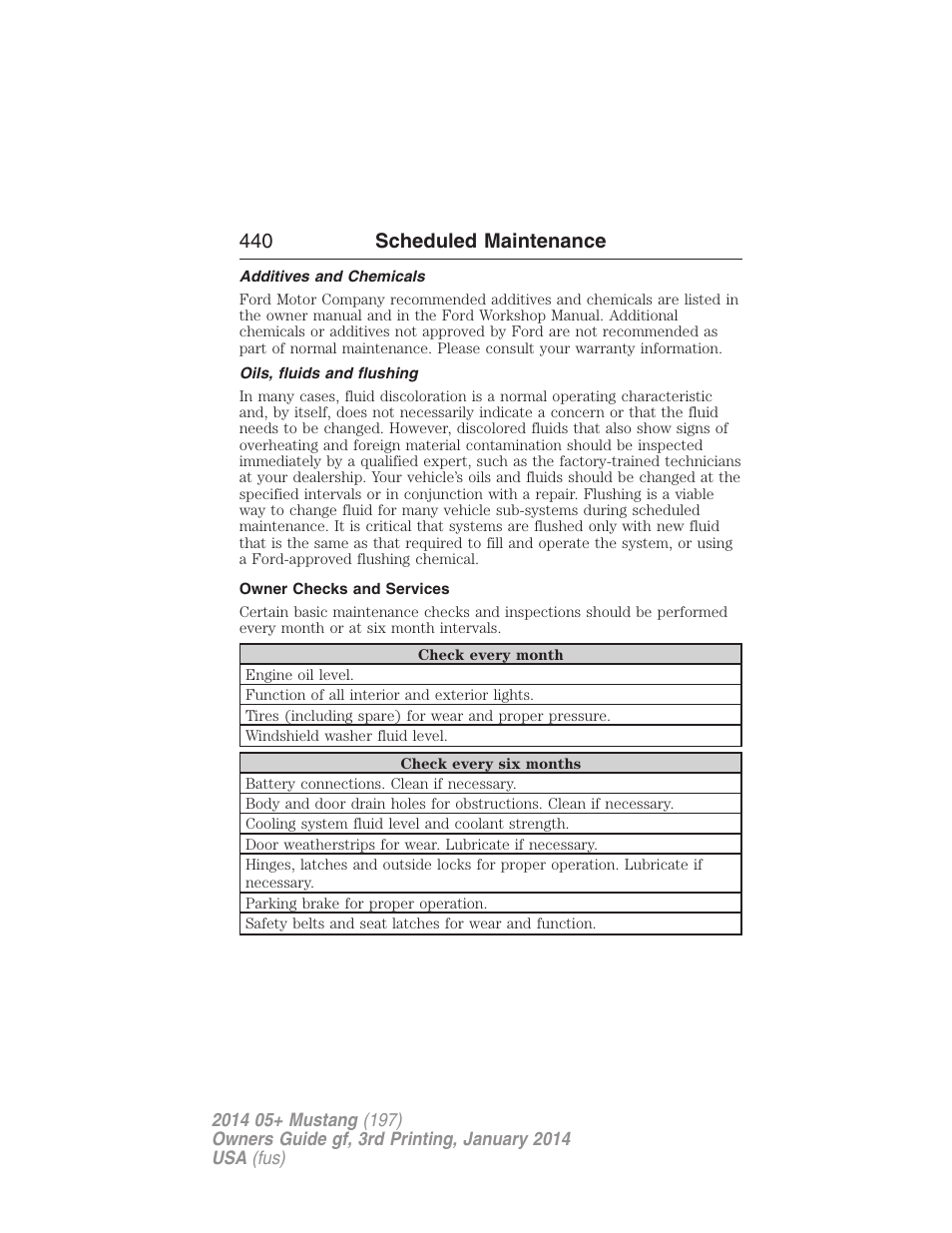 Additives and chemicals, Oils, fluids and flushing, Owner checks and services | 440 scheduled maintenance | FORD 2014 Mustang v.3 User Manual | Page 441 / 463