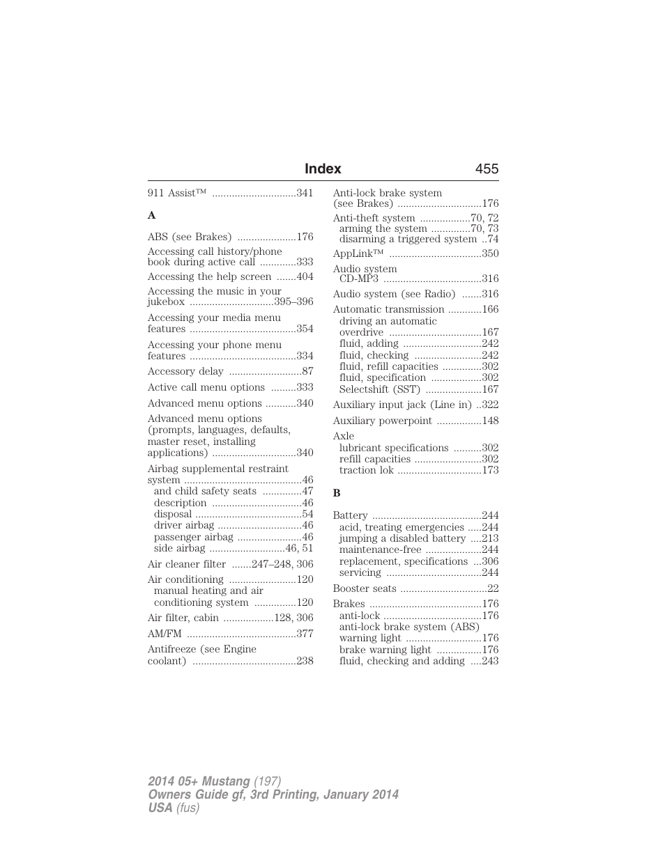 Index, Index 455 | FORD 2014 Mustang v.3 User Manual | Page 456 / 463