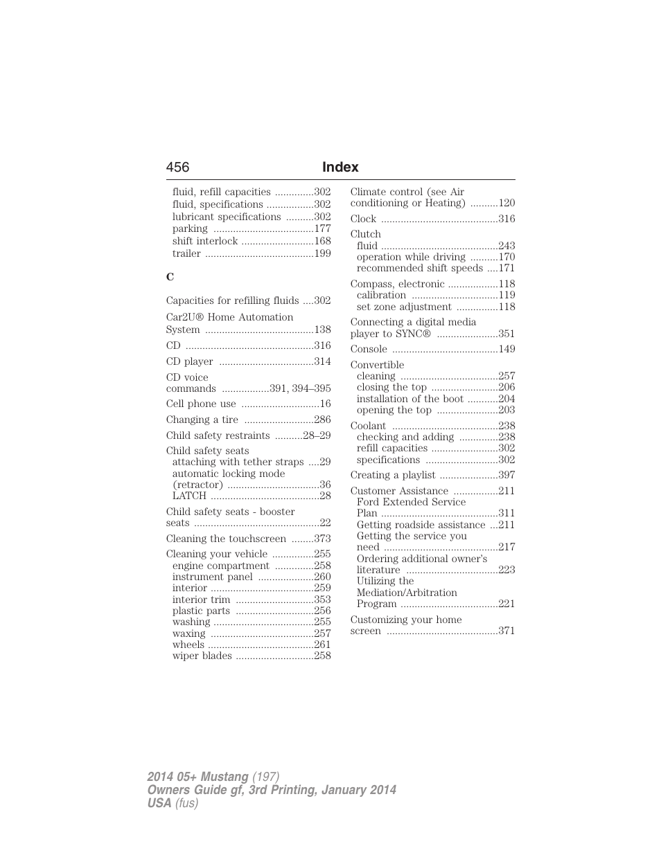 456 index | FORD 2014 Mustang v.3 User Manual | Page 457 / 463