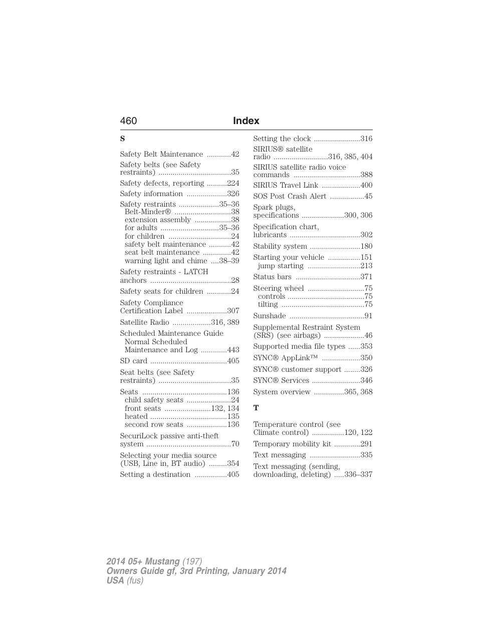460 index | FORD 2014 Mustang v.3 User Manual | Page 461 / 463
