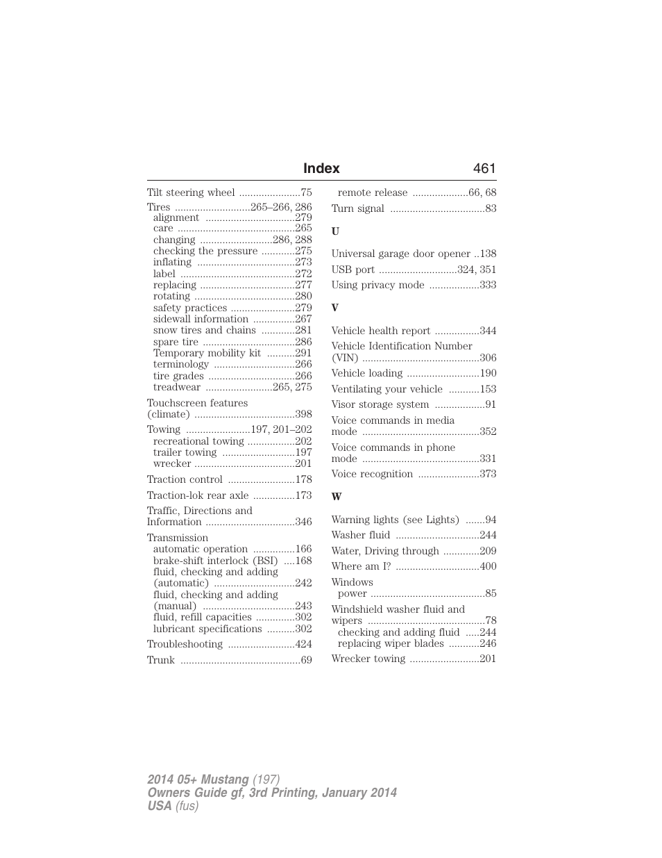 Index 461 | FORD 2014 Mustang v.3 User Manual | Page 462 / 463