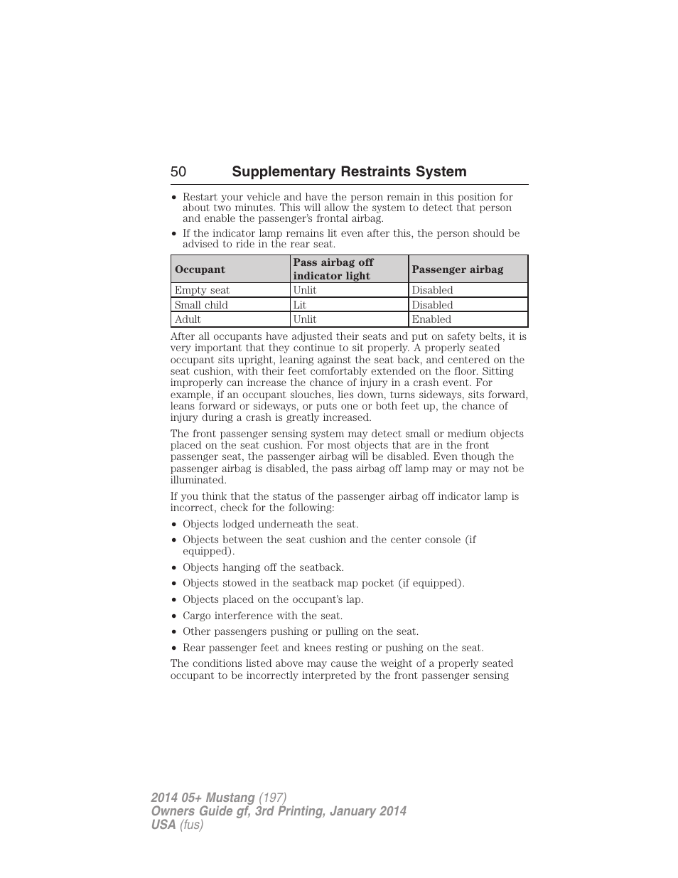 50 supplementary restraints system | FORD 2014 Mustang v.3 User Manual | Page 51 / 463