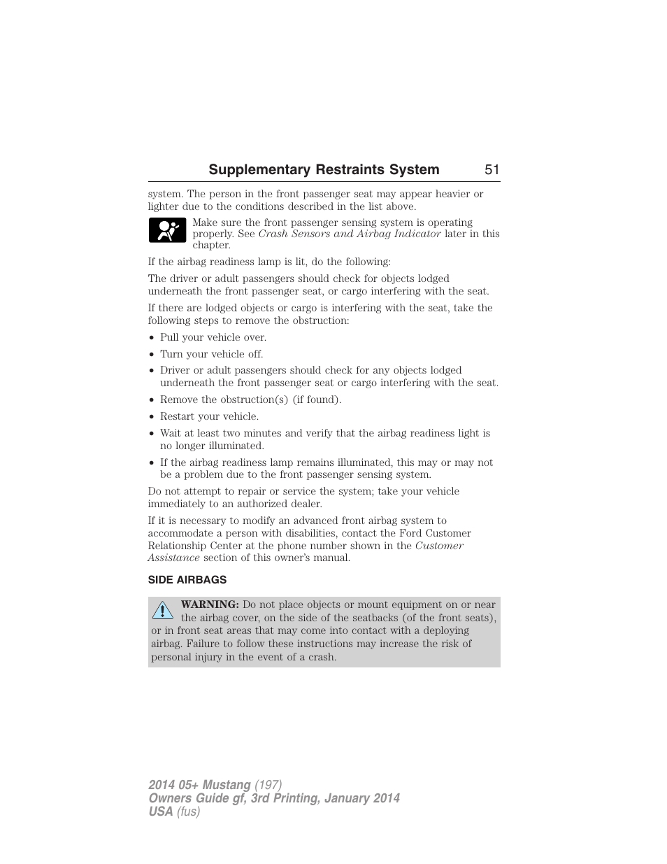 Side airbags, Supplementary restraints system 51 | FORD 2014 Mustang v.3 User Manual | Page 52 / 463