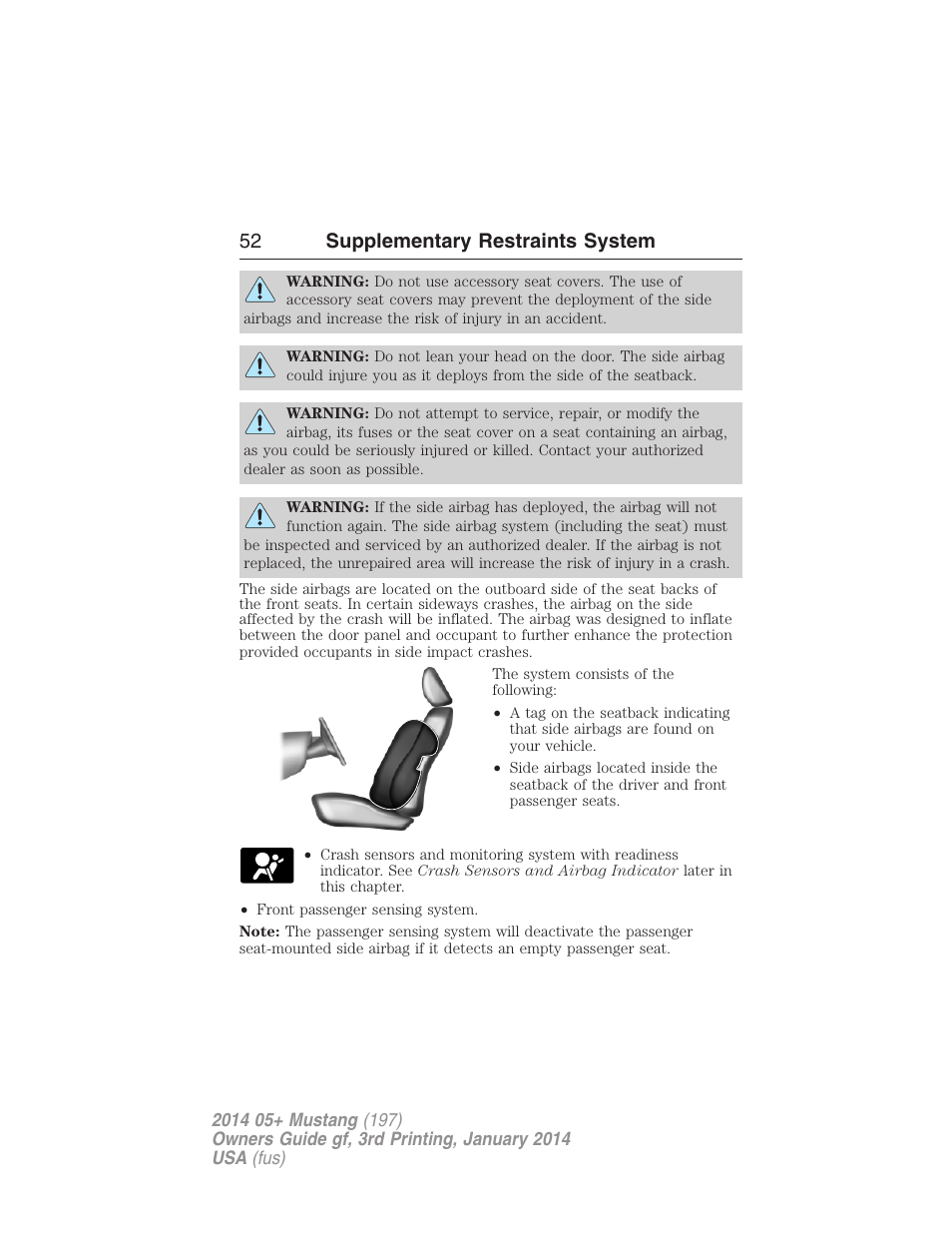 52 supplementary restraints system | FORD 2014 Mustang v.3 User Manual | Page 53 / 463