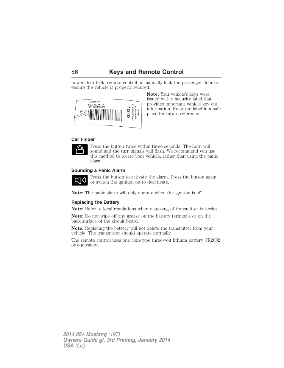 Car finder, Sounding a panic alarm, Replacing the battery | 56 keys and remote control | FORD 2014 Mustang v.3 User Manual | Page 57 / 463