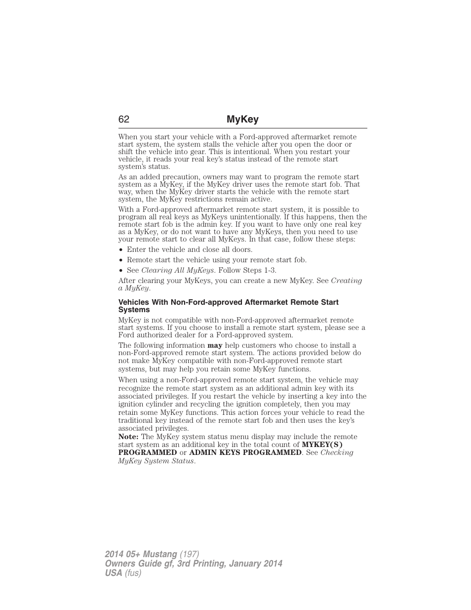 62 mykey | FORD 2014 Mustang v.3 User Manual | Page 63 / 463