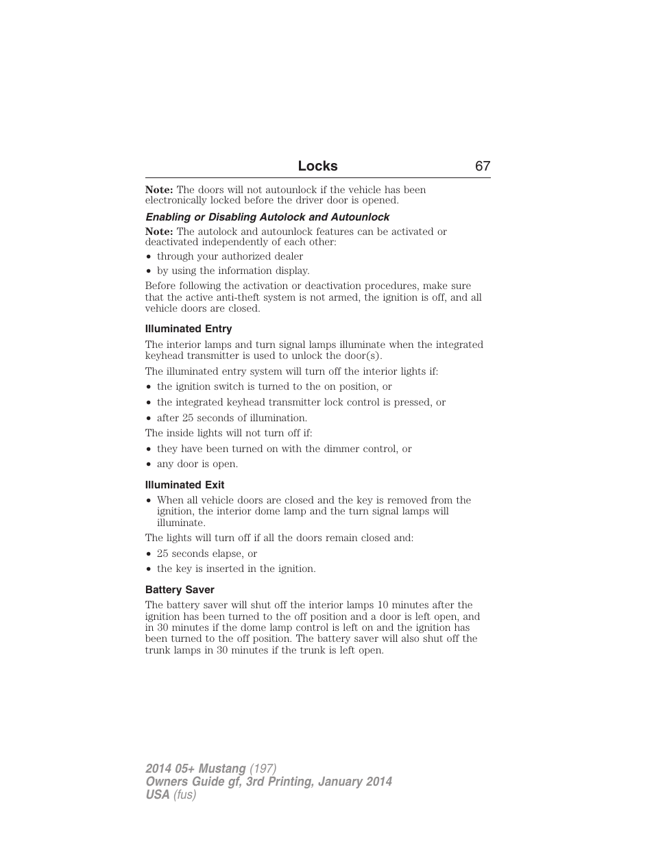 Enabling or disabling autolock and autounlock, Illuminated entry, Illuminated exit | Battery saver, Locks 67 | FORD 2014 Mustang v.3 User Manual | Page 68 / 463