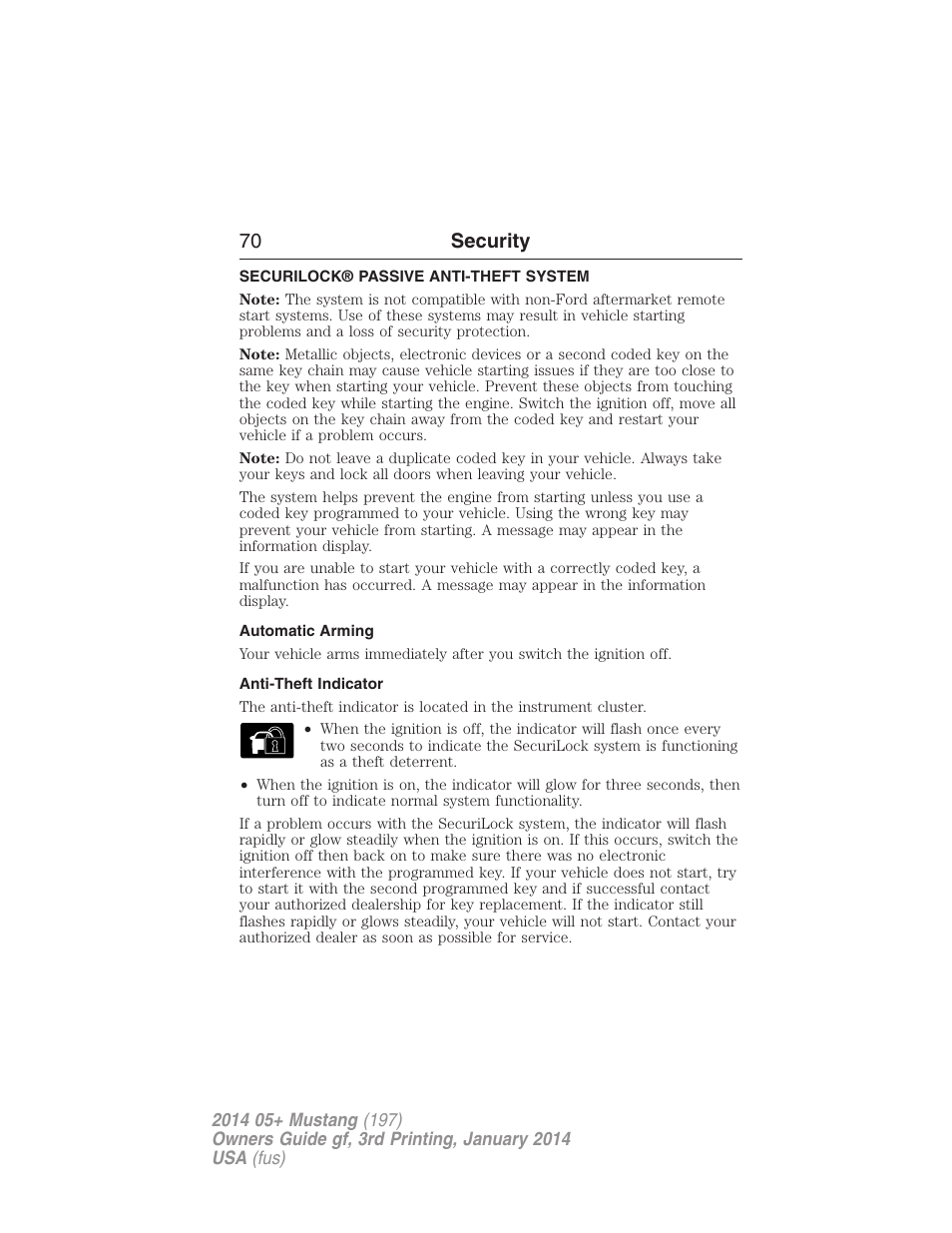 Security, Securilock® passive anti-theft system, Automatic arming | Anti-theft indicator, 70 security | FORD 2014 Mustang v.3 User Manual | Page 71 / 463