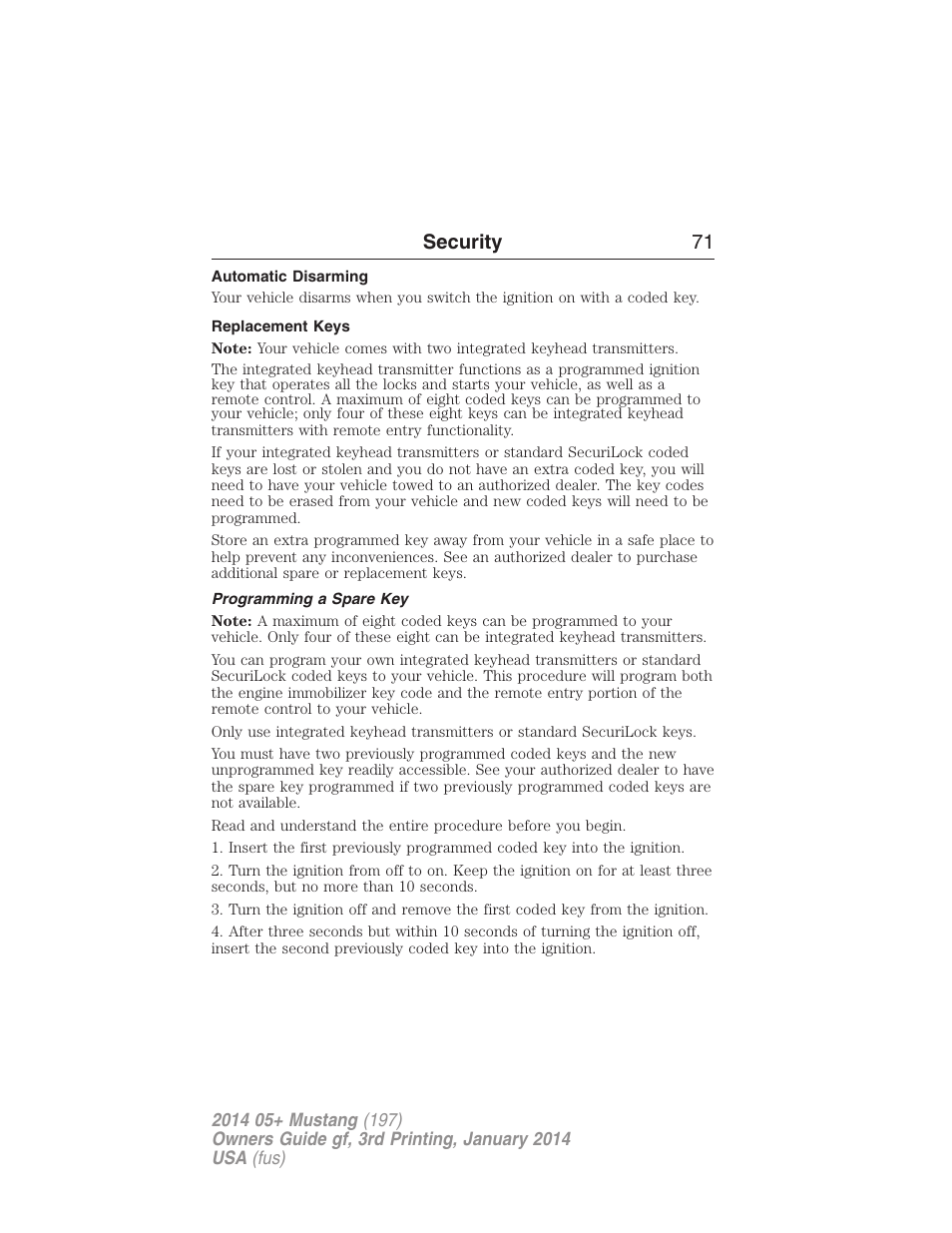 Automatic disarming, Replacement keys, Programming a spare key | Security 71 | FORD 2014 Mustang v.3 User Manual | Page 72 / 463