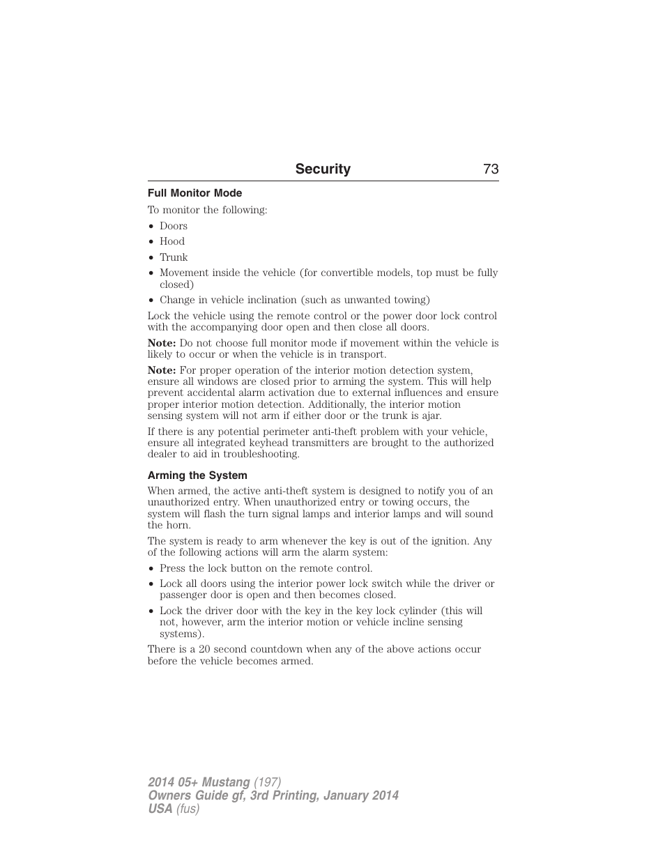 Full monitor mode, Arming the system, Security 73 | FORD 2014 Mustang v.3 User Manual | Page 74 / 463