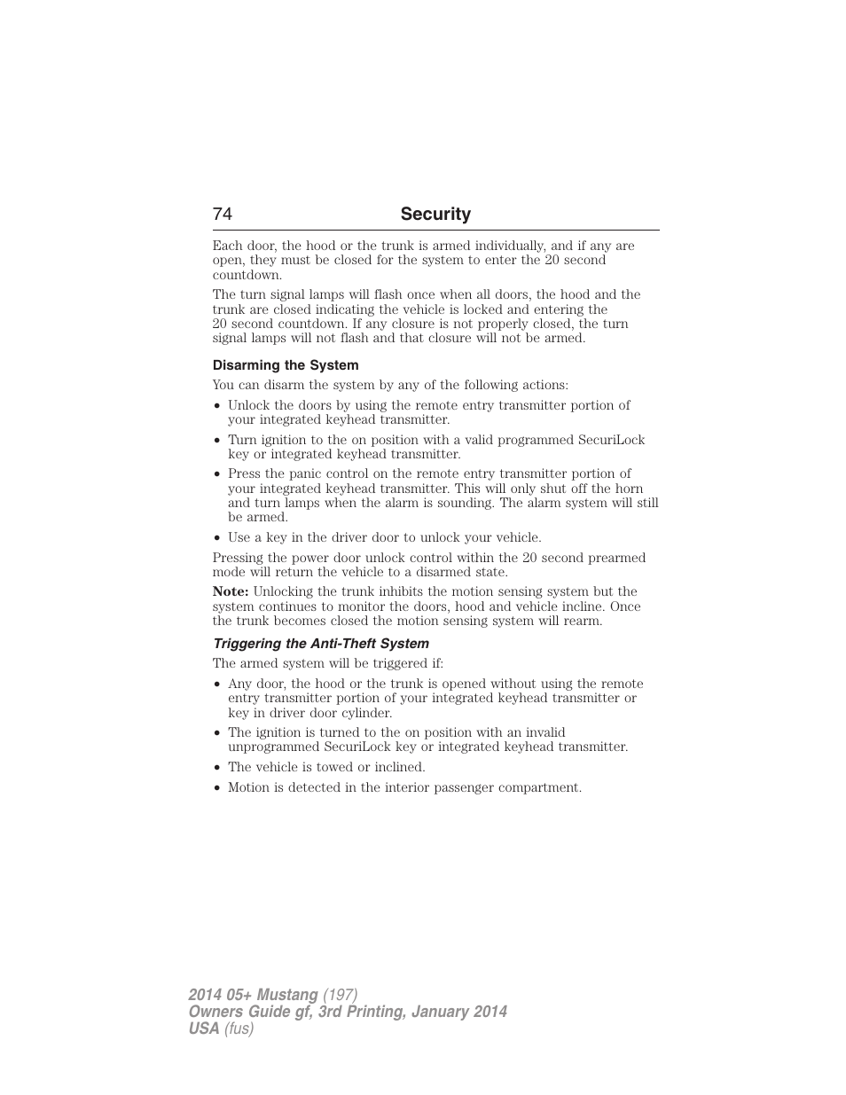 Disarming the system, Triggering the anti-theft system, 74 security | FORD 2014 Mustang v.3 User Manual | Page 75 / 463