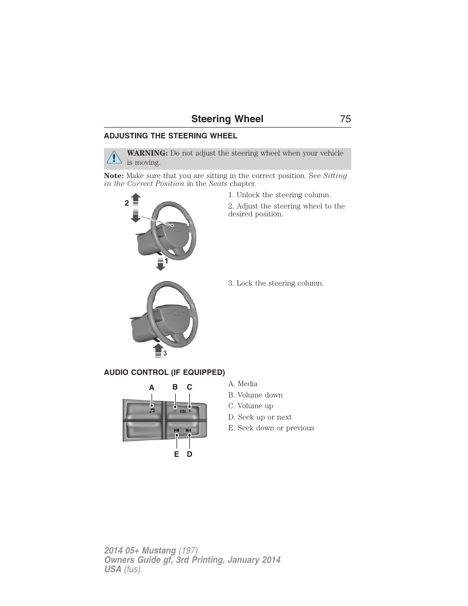 Steering wheel, Adjusting the steering wheel, Audio control (if equipped) | Steering wheel controls, Steering wheel 75 | FORD 2014 Mustang v.3 User Manual | Page 76 / 463