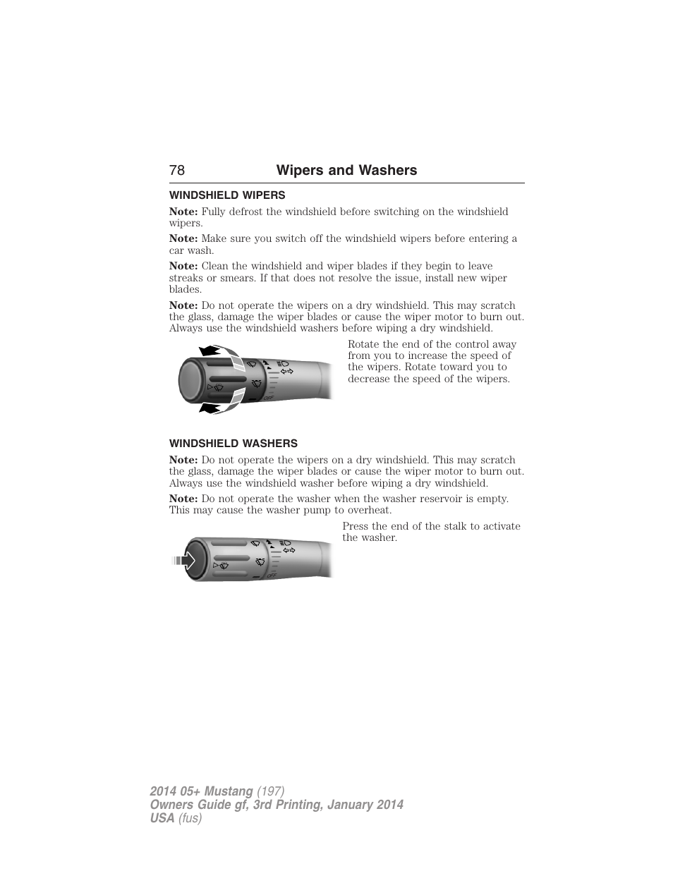 Wipers and washers, Windshield wipers, Windshield washers | 78 wipers and washers | FORD 2014 Mustang v.3 User Manual | Page 79 / 463