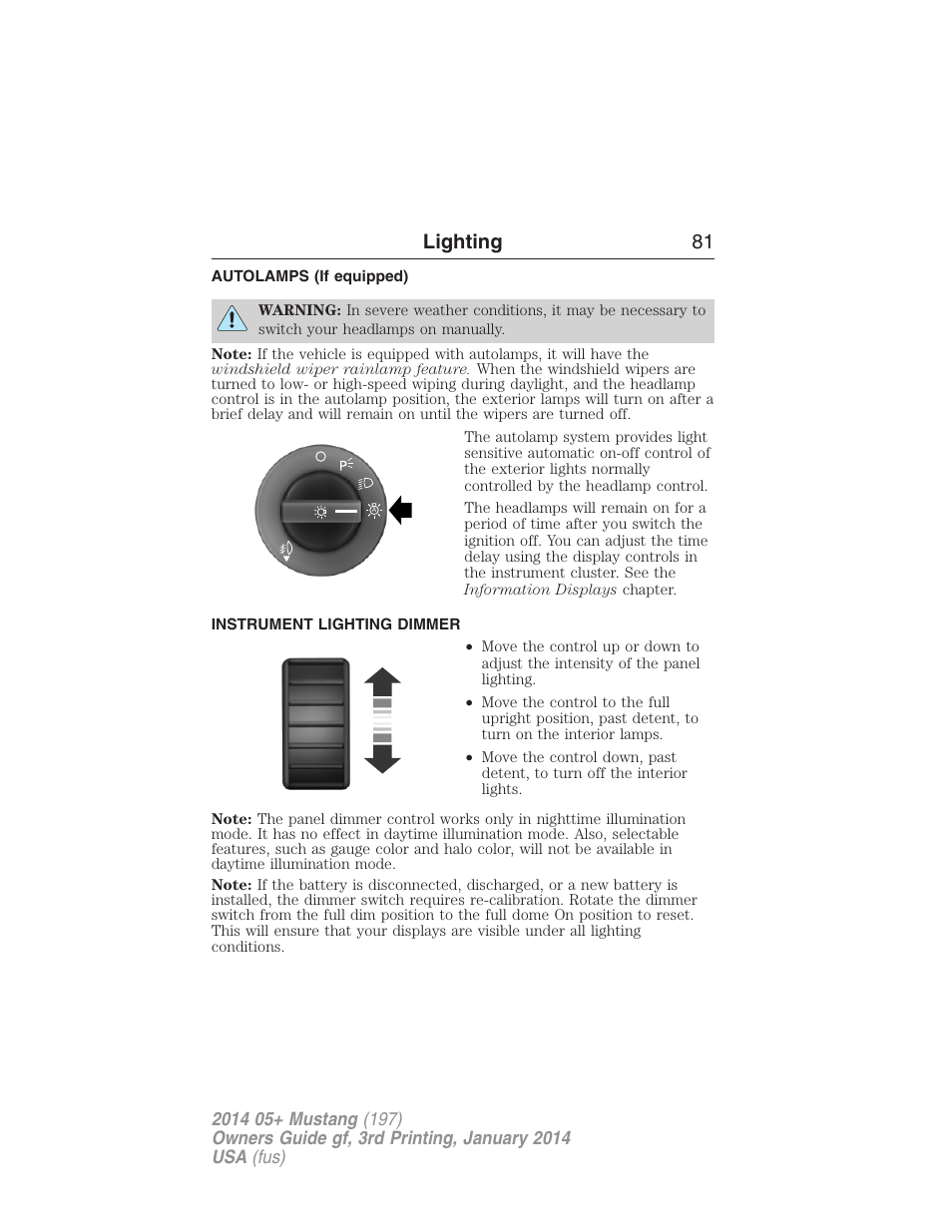 Autolamps (if equipped), Instrument lighting dimmer, Autolamps | Lighting 81 | FORD 2014 Mustang v.3 User Manual | Page 82 / 463