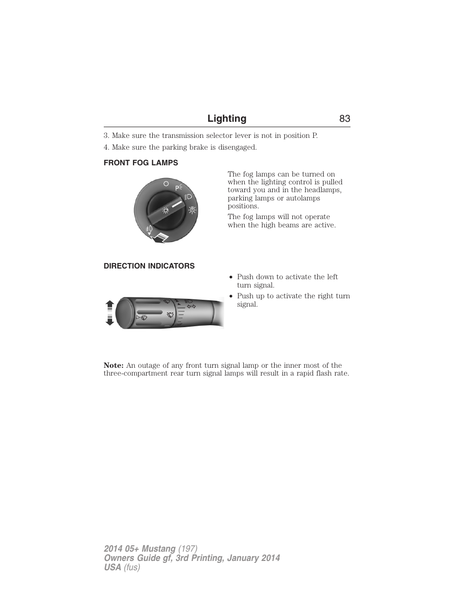 Front fog lamps, Direction indicators, Lighting 83 | FORD 2014 Mustang v.3 User Manual | Page 84 / 463