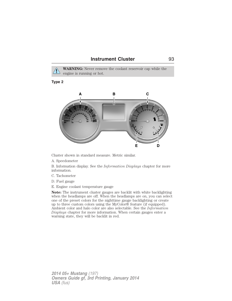 Type 2, Instrument cluster 93 | FORD 2014 Mustang v.3 User Manual | Page 94 / 463