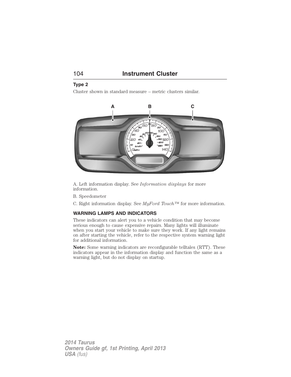 Type 2, Warning lamps and indicators, 104 instrument cluster | FORD 2014 Taurus v.1 User Manual | Page 105 / 550