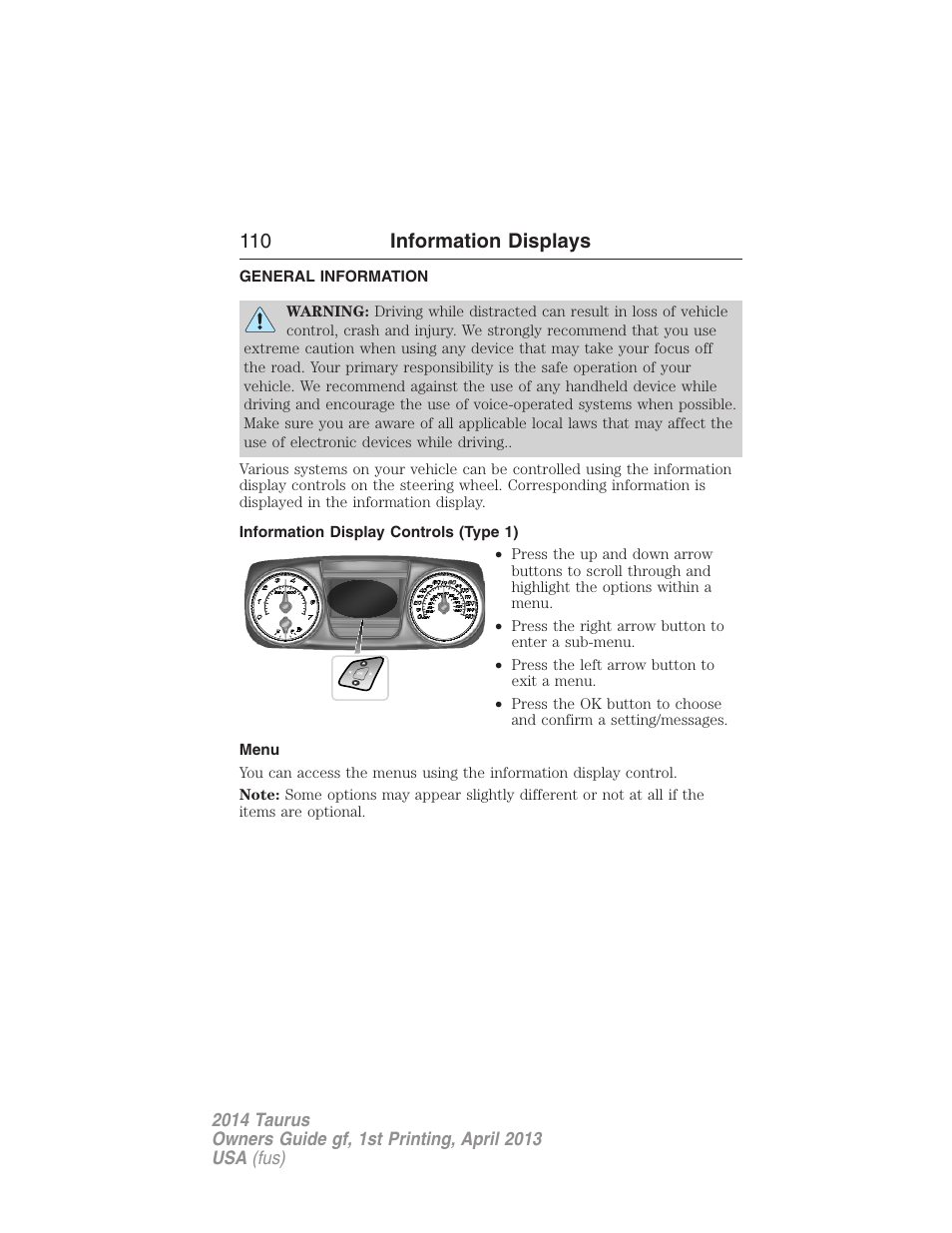 Information displays, General information, Information display controls (type 1) | Menu, Controls, 110 information displays | FORD 2014 Taurus v.1 User Manual | Page 111 / 550