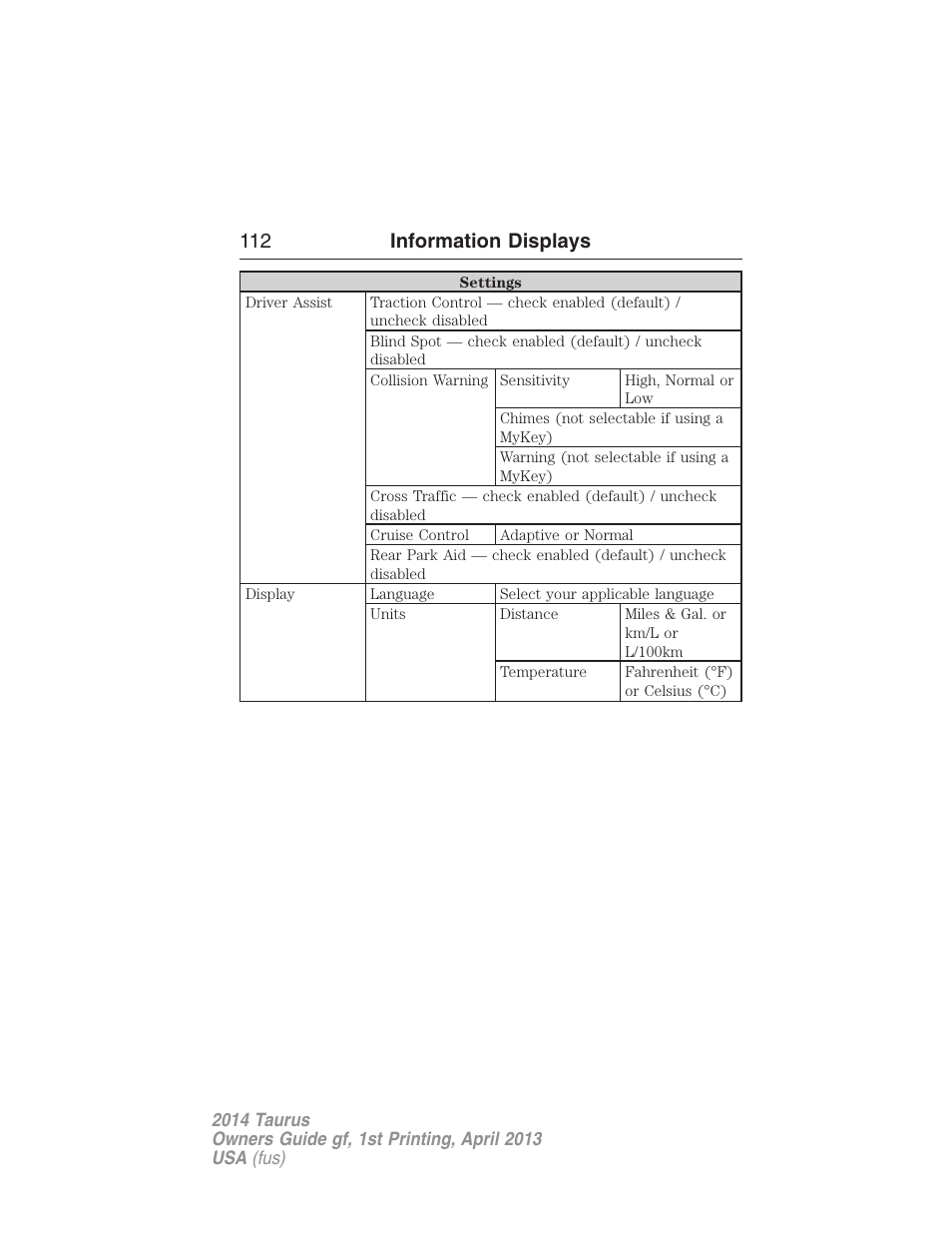 112 information displays | FORD 2014 Taurus v.1 User Manual | Page 113 / 550