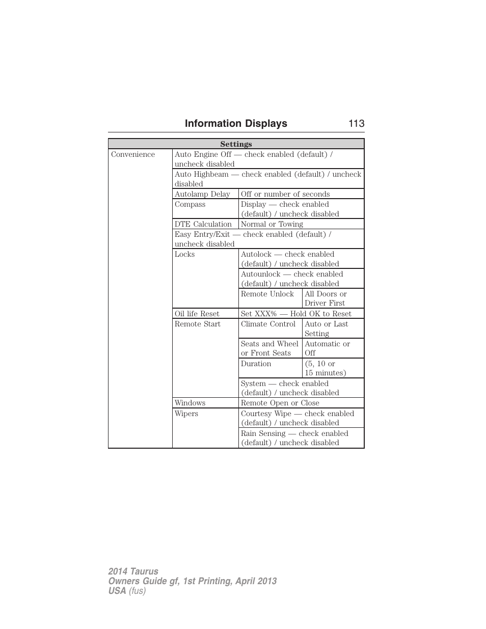 Information displays 113 | FORD 2014 Taurus v.1 User Manual | Page 114 / 550