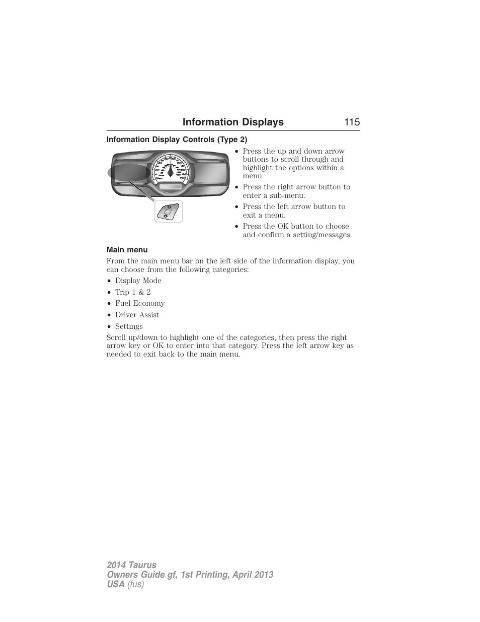 Information display controls (type 2), Main menu, Information displays 115 | FORD 2014 Taurus v.1 User Manual | Page 116 / 550