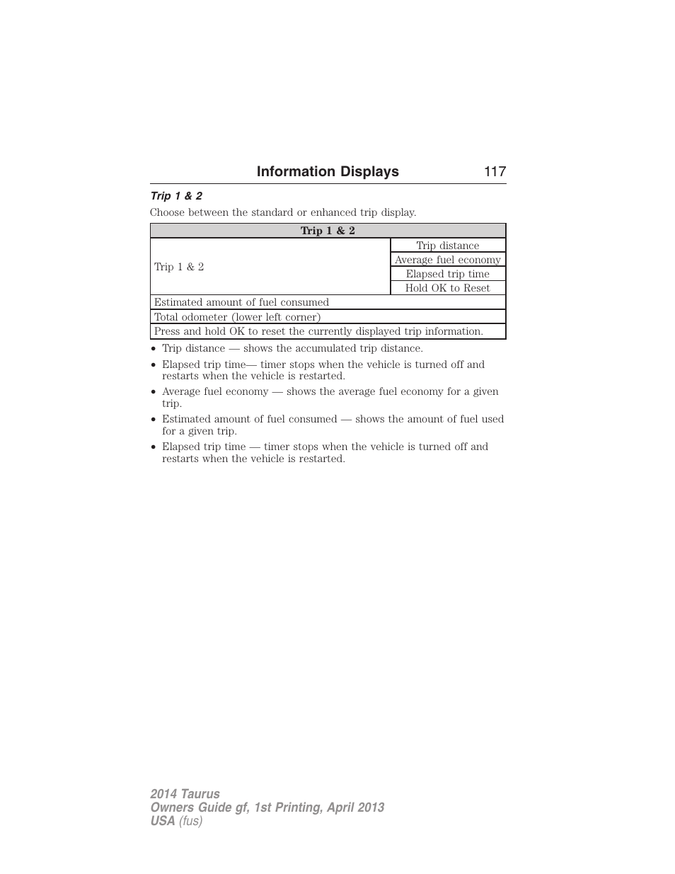 Trip 1 & 2, Information displays 117 | FORD 2014 Taurus v.1 User Manual | Page 118 / 550