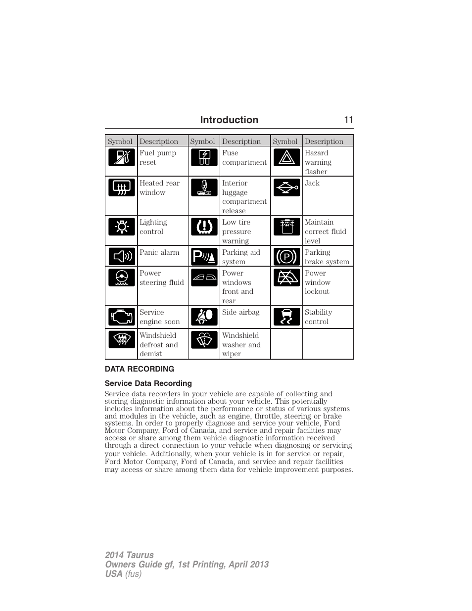 Data recording, Service data recording, Introduction 11 | FORD 2014 Taurus v.1 User Manual | Page 12 / 550
