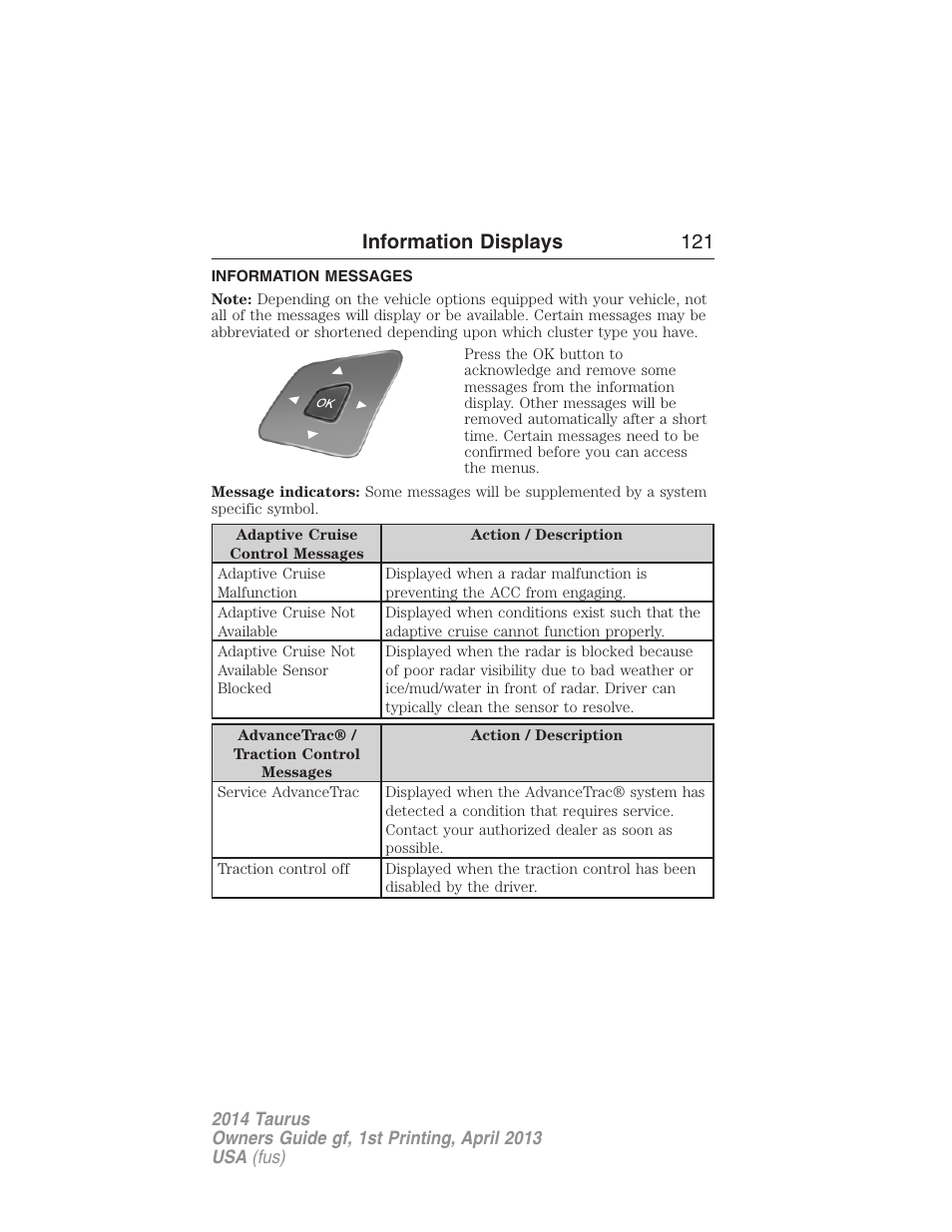 Information messages, Information displays 121 | FORD 2014 Taurus v.1 User Manual | Page 122 / 550