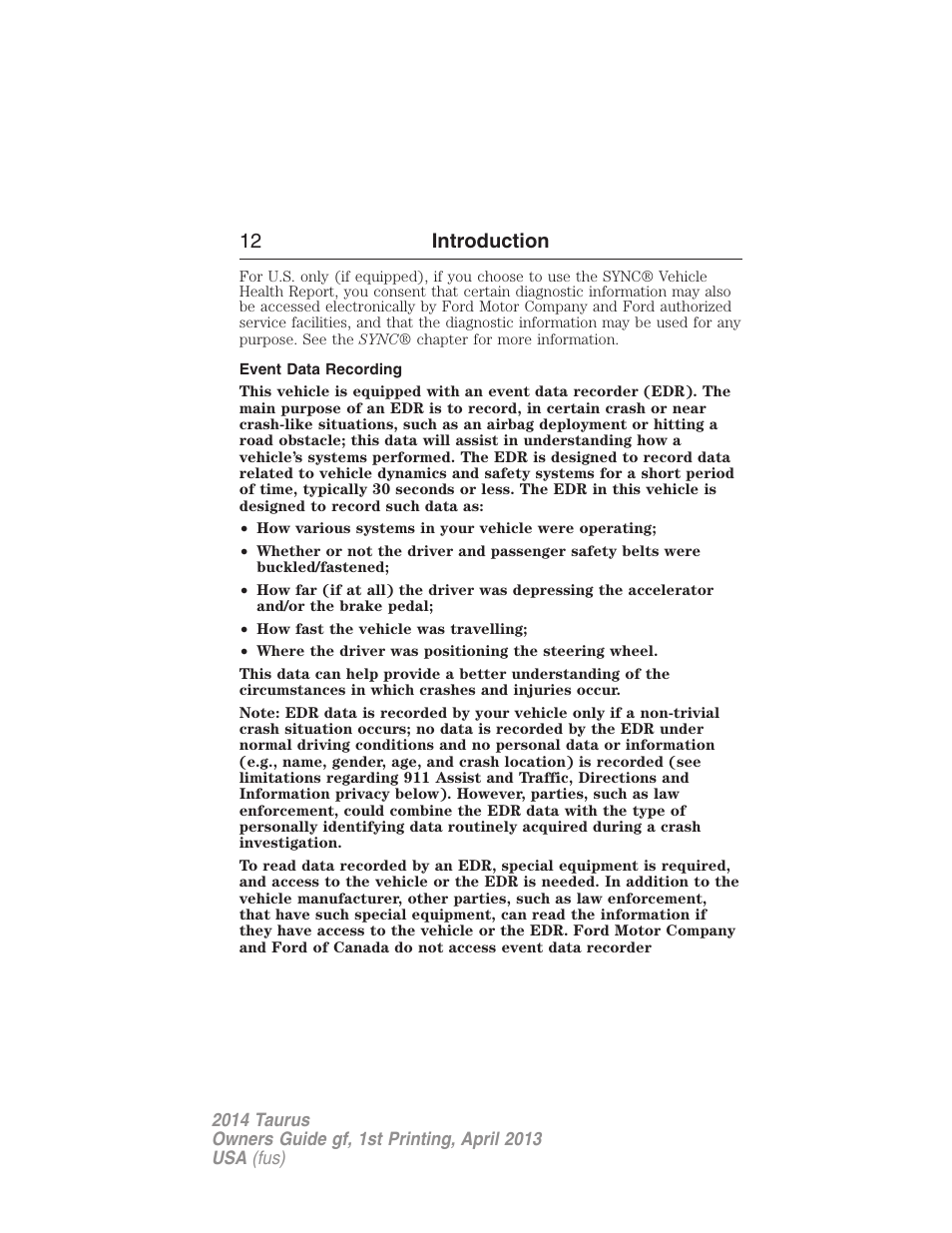 Event data recording, 12 introduction | FORD 2014 Taurus v.1 User Manual | Page 13 / 550