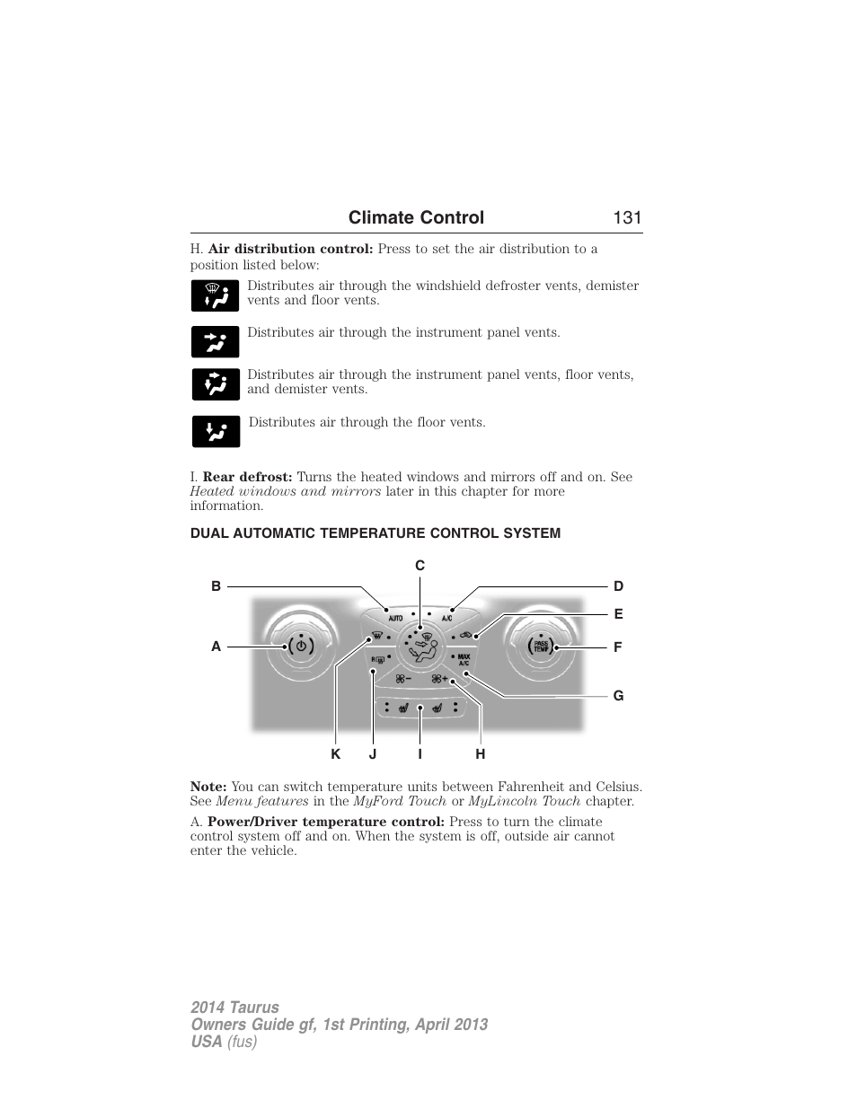 Dual automatic temperature control system, Dual automatic temperature control, Climate control 131 | FORD 2014 Taurus v.1 User Manual | Page 132 / 550