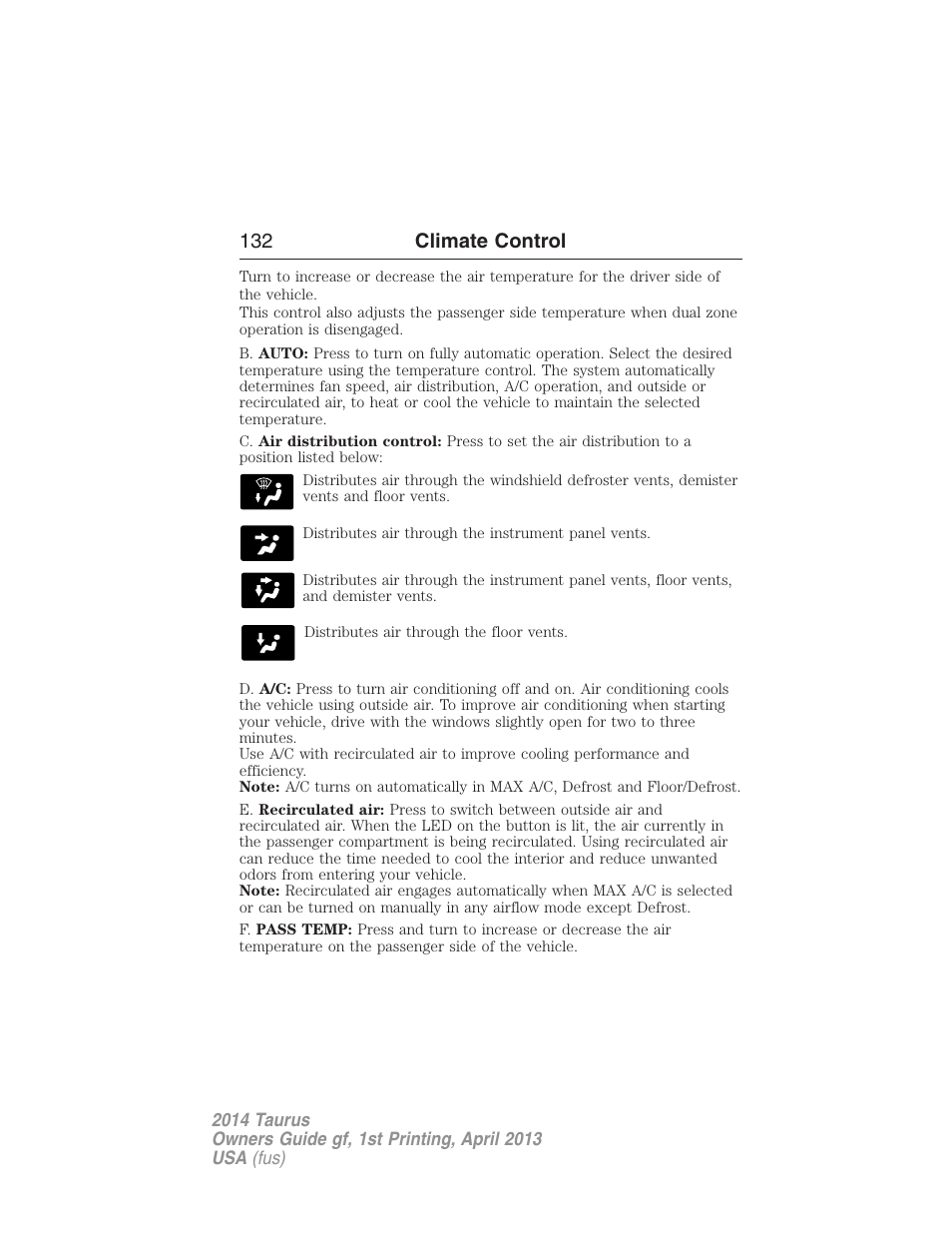 132 climate control | FORD 2014 Taurus v.1 User Manual | Page 133 / 550