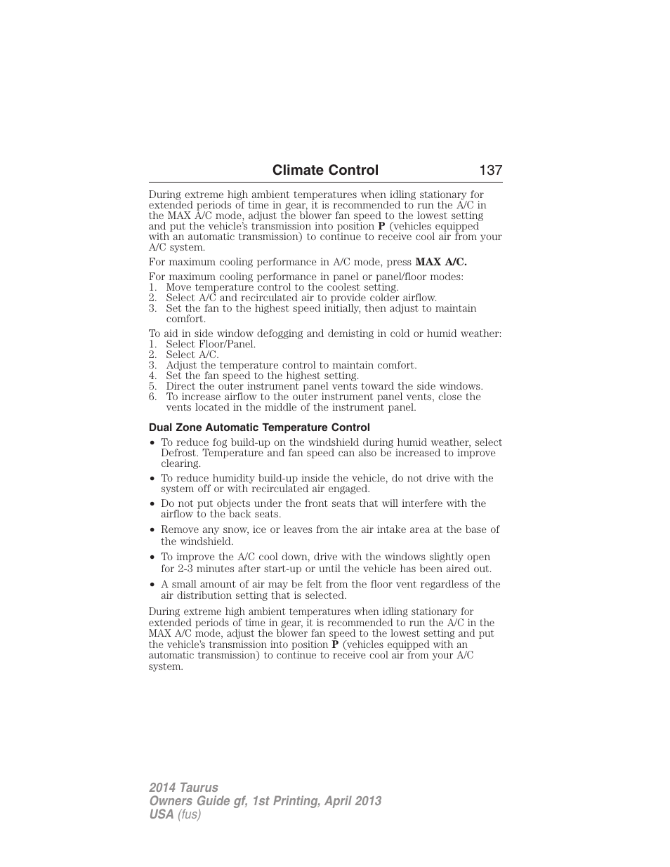 Dual zone automatic temperature control, Climate control 137 | FORD 2014 Taurus v.1 User Manual | Page 138 / 550