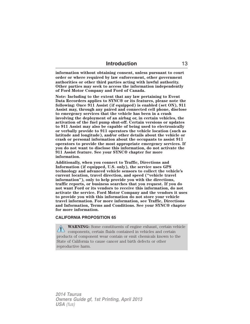 California proposition 65, Introduction 13 | FORD 2014 Taurus v.1 User Manual | Page 14 / 550