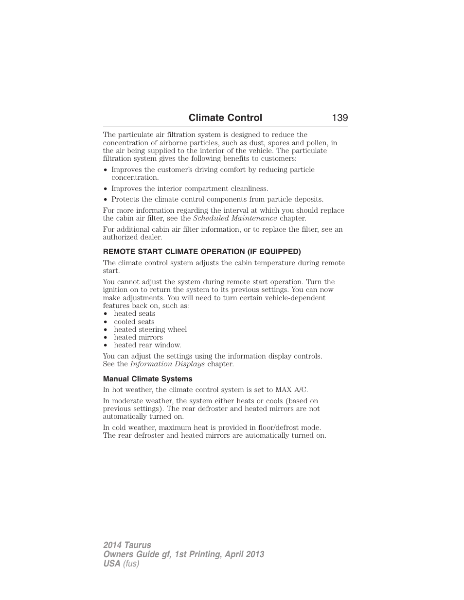 Remote start climate operation (if equipped), Manual climate systems, Climate control 139 | FORD 2014 Taurus v.1 User Manual | Page 140 / 550