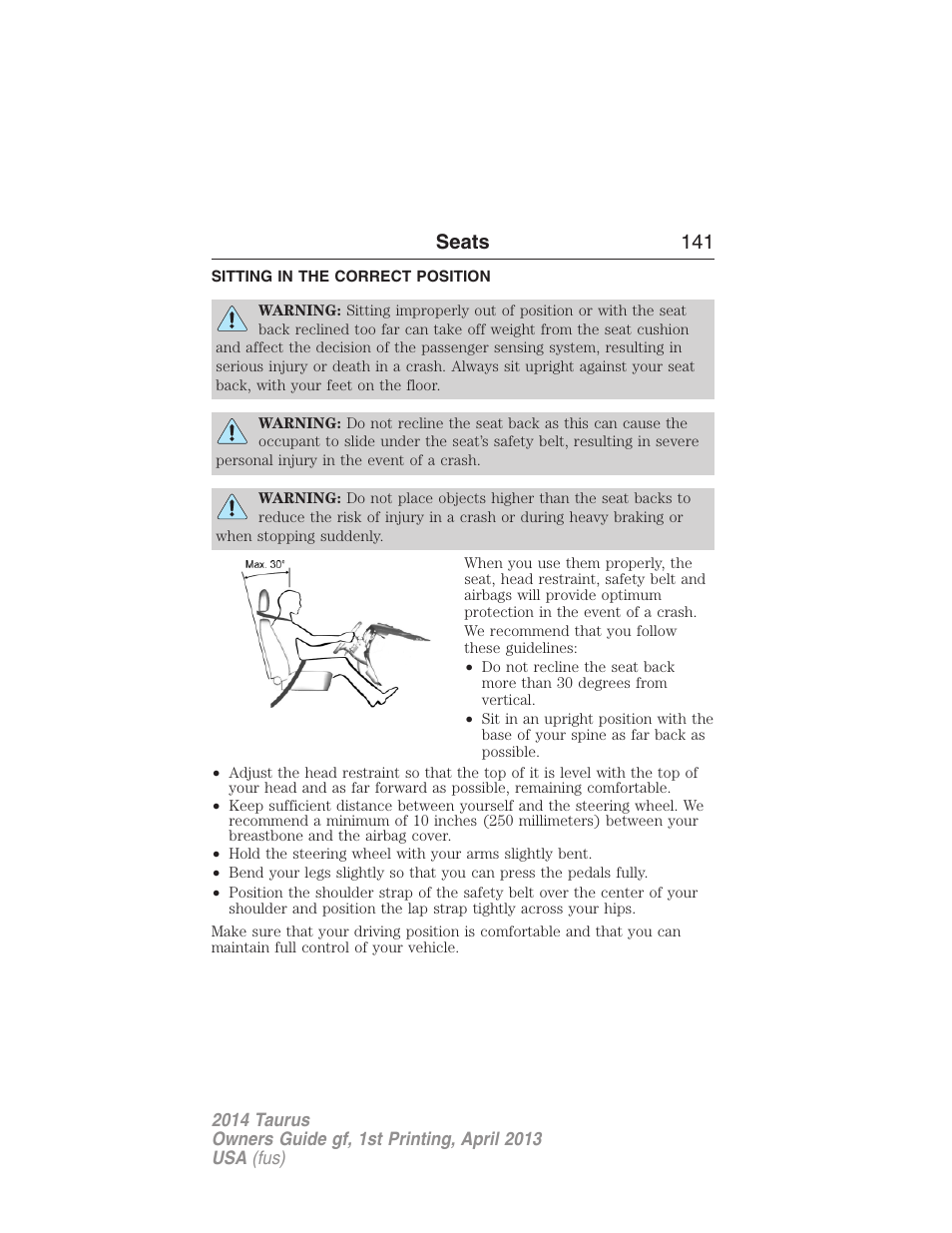 Seats, Sitting in the correct position, Seats 141 | FORD 2014 Taurus v.1 User Manual | Page 142 / 550