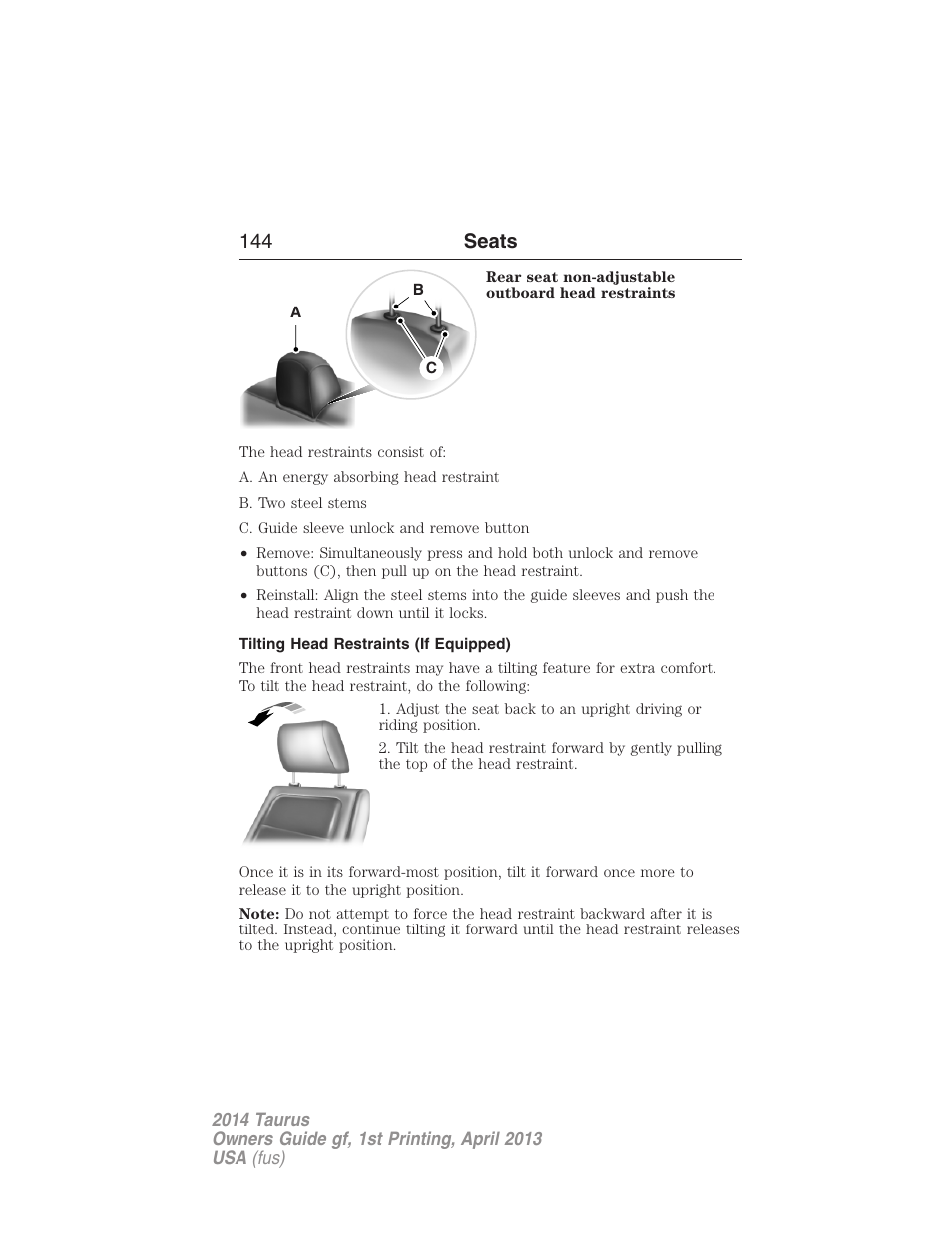 Tilting head restraints (if equipped), 144 seats | FORD 2014 Taurus v.1 User Manual | Page 145 / 550