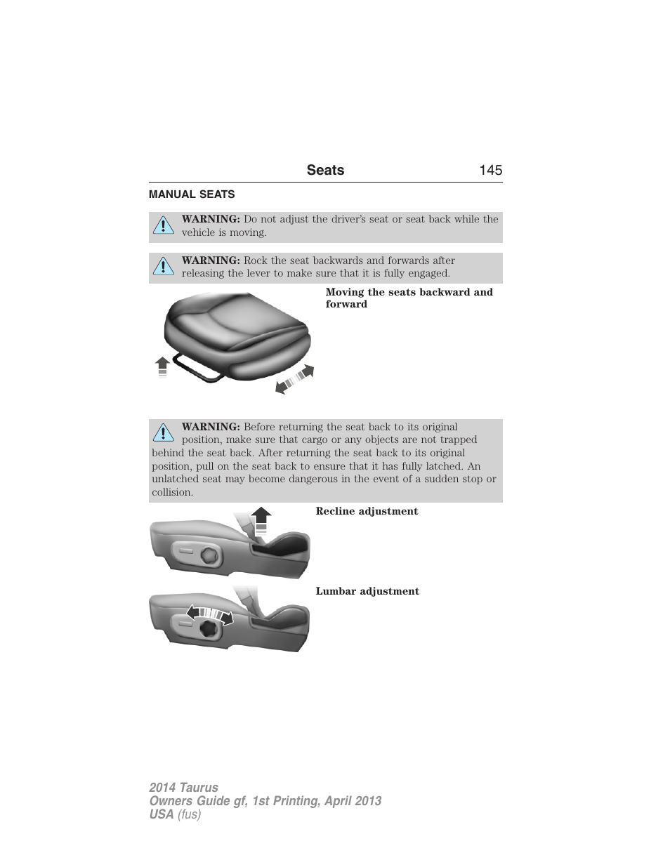 Manual seats, Power seats (if equipped), Front manual seats | Seats 145 | FORD 2014 Taurus v.1 User Manual | Page 146 / 550