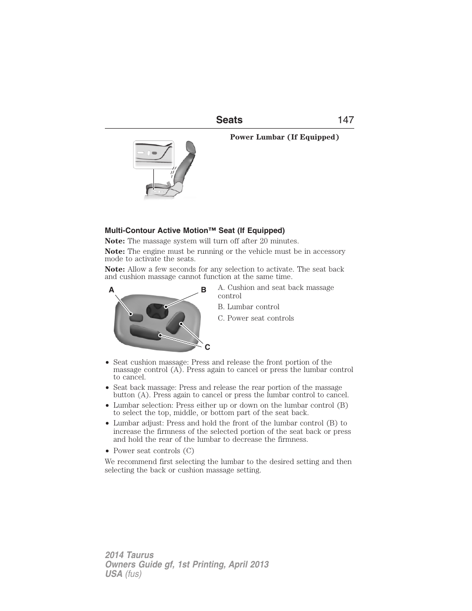 Multi-contour active motion™ seat (if equipped), Seats 147 | FORD 2014 Taurus v.1 User Manual | Page 148 / 550