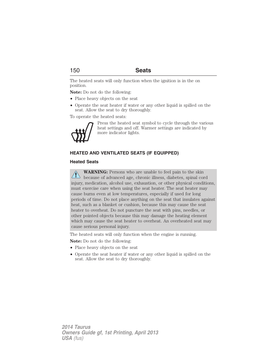 Heated and ventilated seats (if equipped), Heated seats, Heated and ventilated seats | 150 seats | FORD 2014 Taurus v.1 User Manual | Page 151 / 550