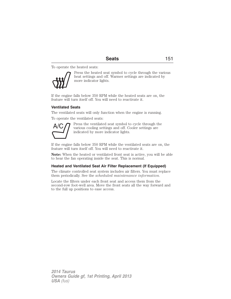 Ventilated seats, Seats 151 | FORD 2014 Taurus v.1 User Manual | Page 152 / 550