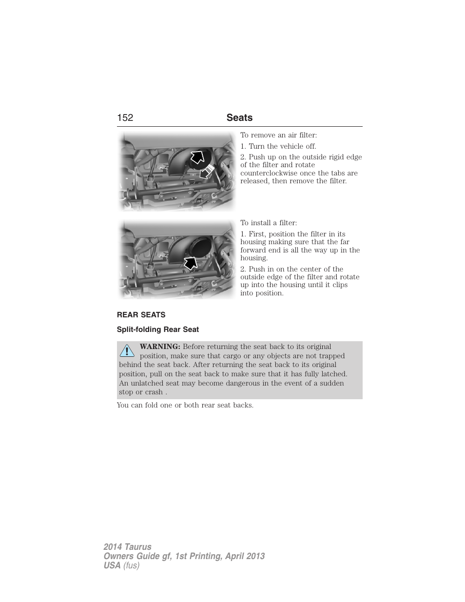 Rear seats, Split-folding rear seat, 152 seats | FORD 2014 Taurus v.1 User Manual | Page 153 / 550