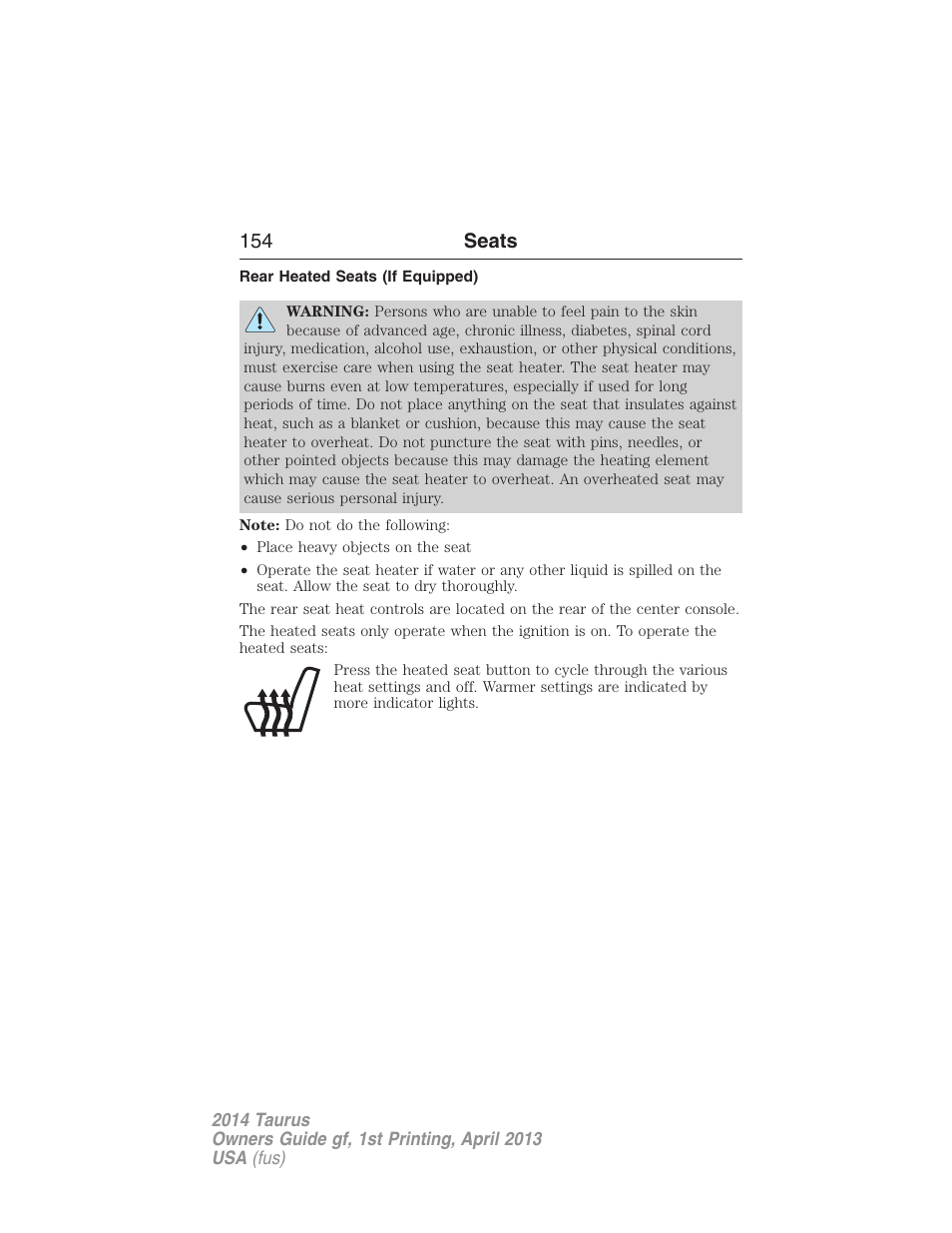 Rear heated seats (if equipped), 154 seats | FORD 2014 Taurus v.1 User Manual | Page 155 / 550