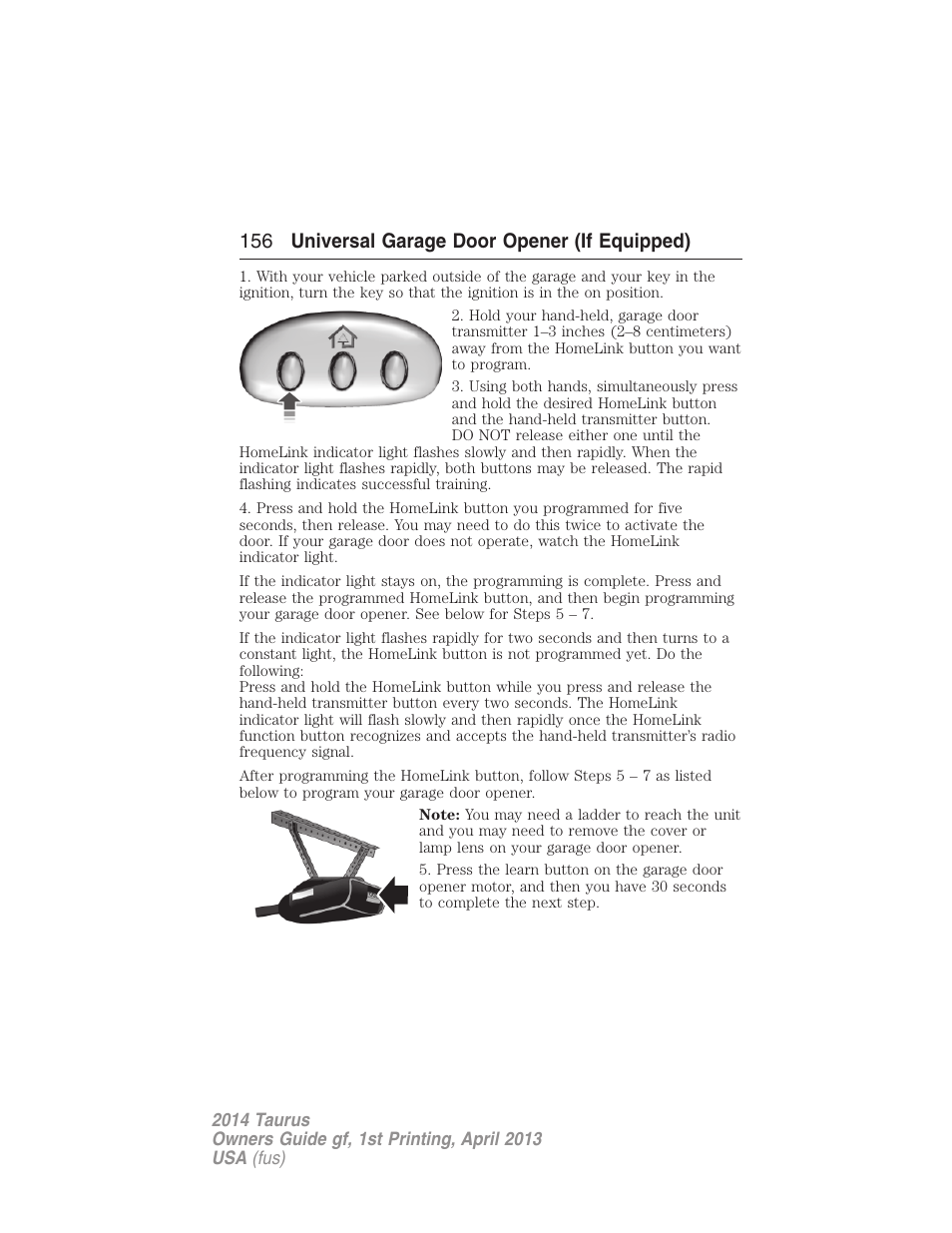 156 universal garage door opener (if equipped) | FORD 2014 Taurus v.1 User Manual | Page 157 / 550