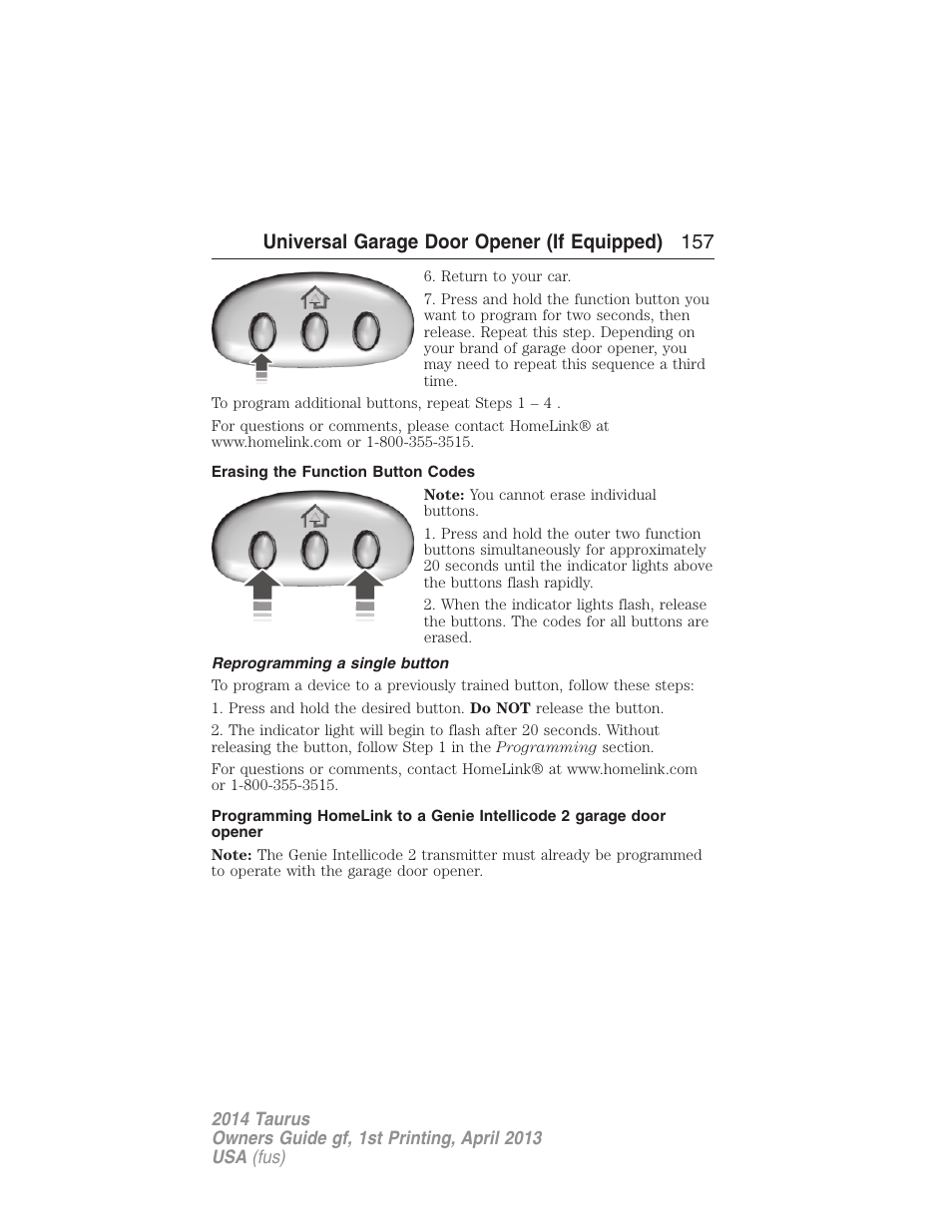 Erasing the function button codes, Reprogramming a single button, Universal garage door opener (if equipped) 157 | FORD 2014 Taurus v.1 User Manual | Page 158 / 550