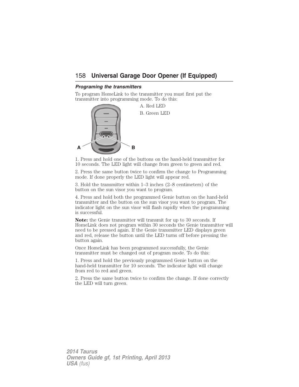 Programing the transmitters, 158 universal garage door opener (if equipped) | FORD 2014 Taurus v.1 User Manual | Page 159 / 550