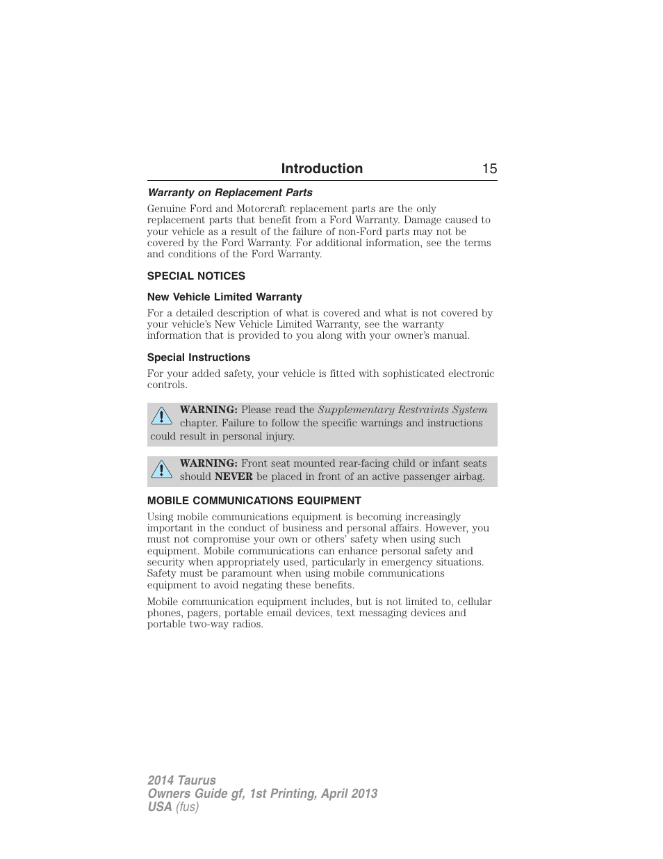 Warranty on replacement parts, Special notices, New vehicle limited warranty | Special instructions, Mobile communications equipment, Introduction 15 | FORD 2014 Taurus v.1 User Manual | Page 16 / 550