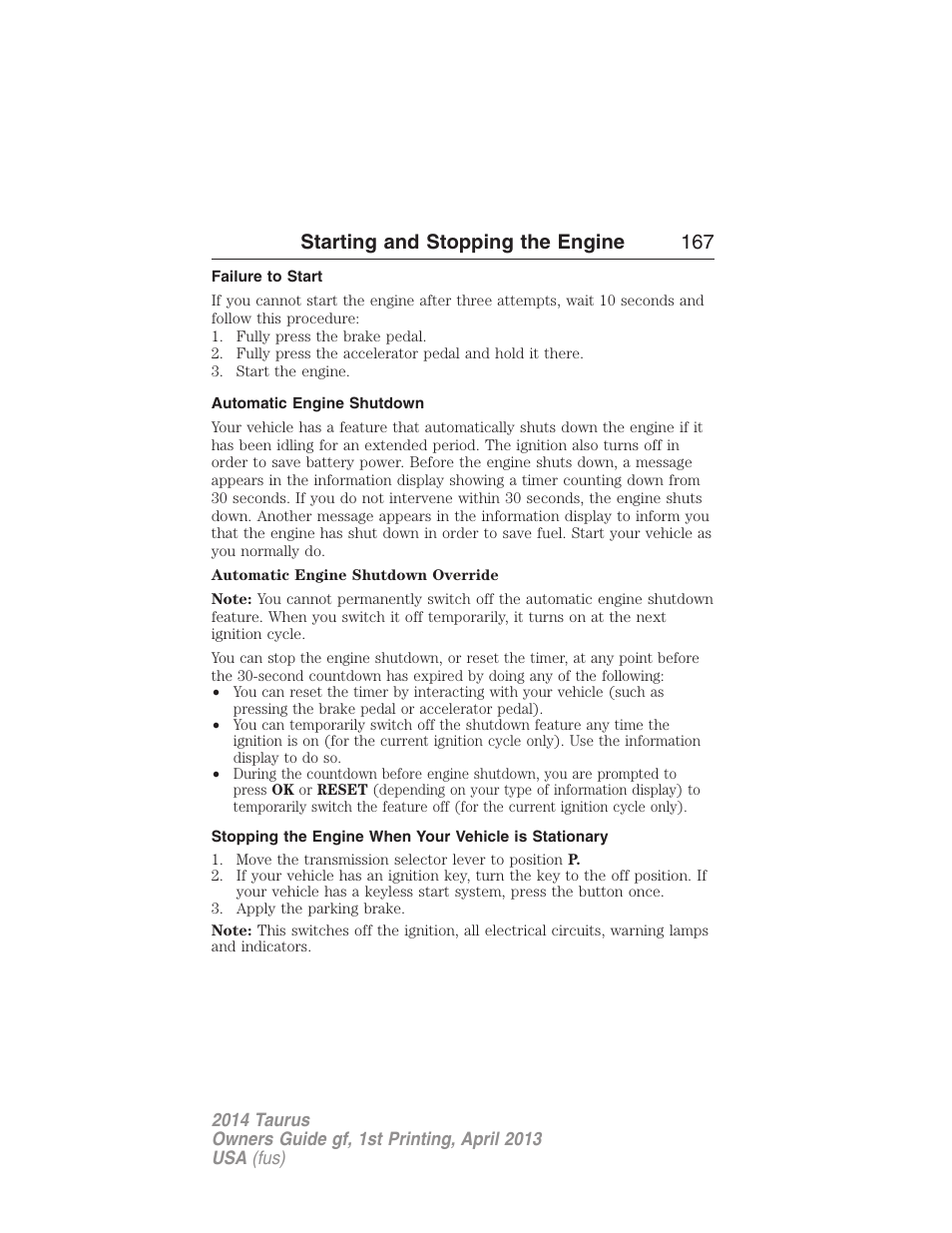 Failure to start, Automatic engine shutdown, Starting and stopping the engine 167 | FORD 2014 Taurus v.1 User Manual | Page 168 / 550